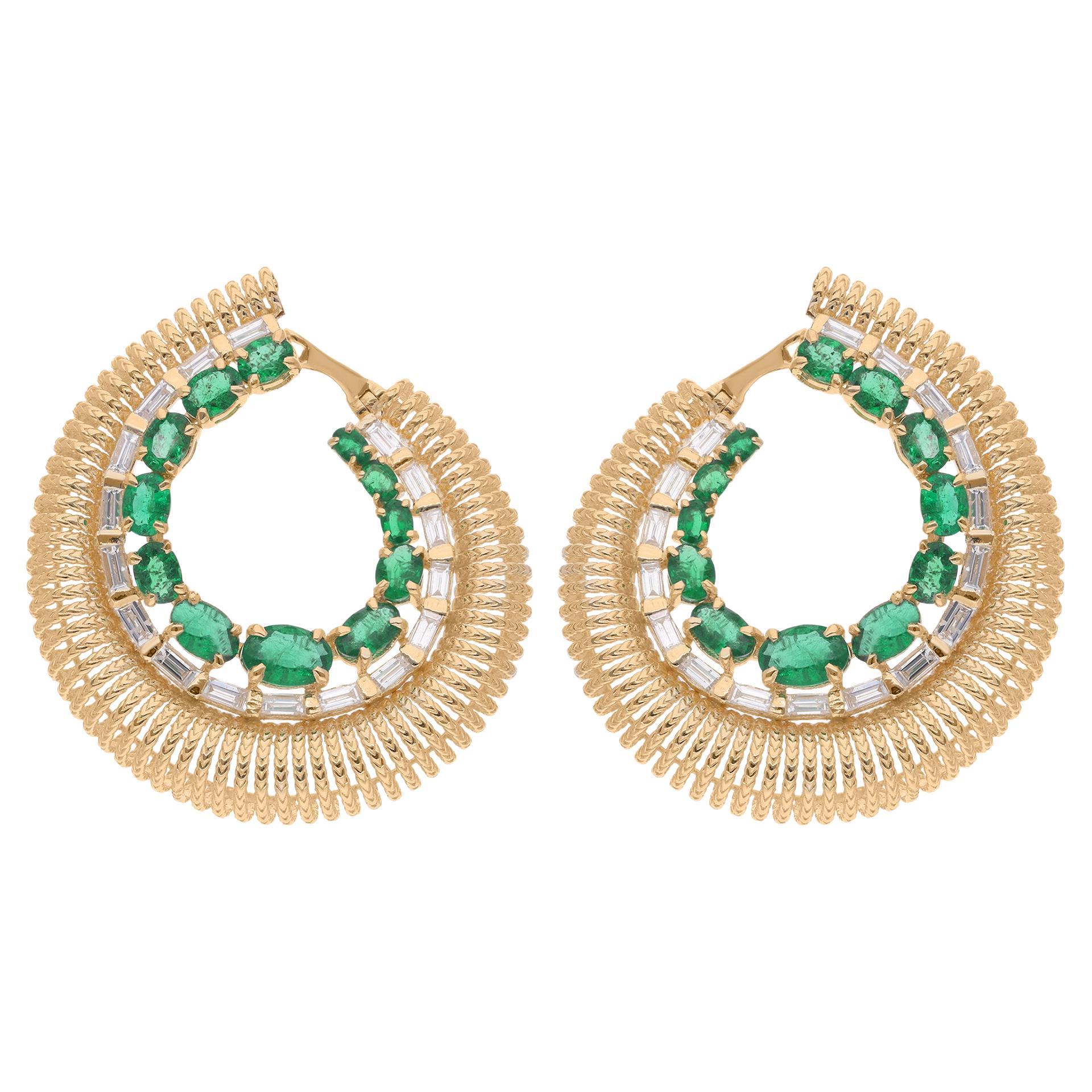 Oval Zambian Emerald Hoop Earrings Baguette Diamond 18 Karat Yellow Gold Jewelry For Sale