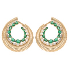 Oval Zambian Emerald Hoop Earrings Baguette Diamond 18 Karat Yellow Gold Jewelry