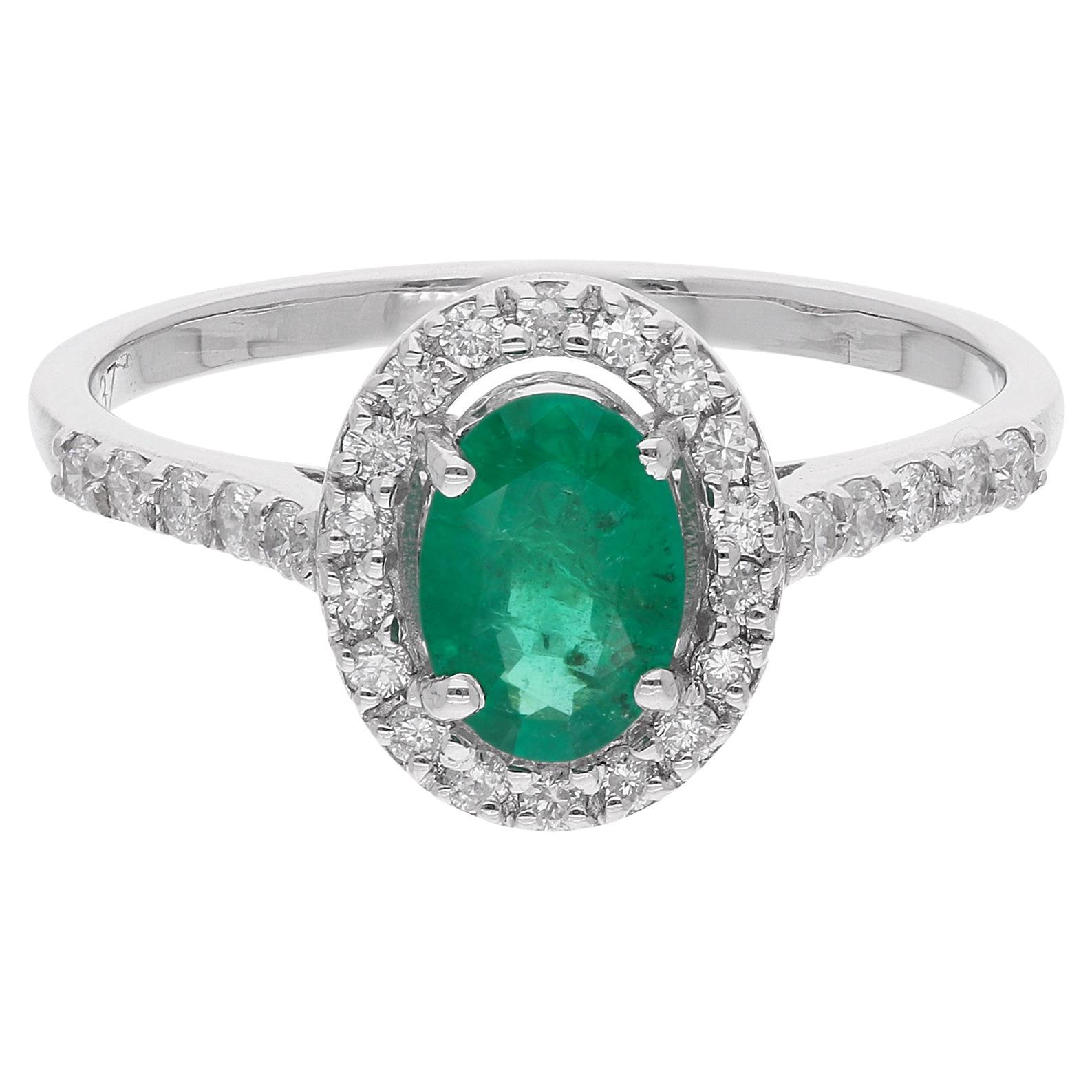 Oval Zambian Emerald Ring with Diamond Around Set in 14 White Gold Fine Jewelry For Sale