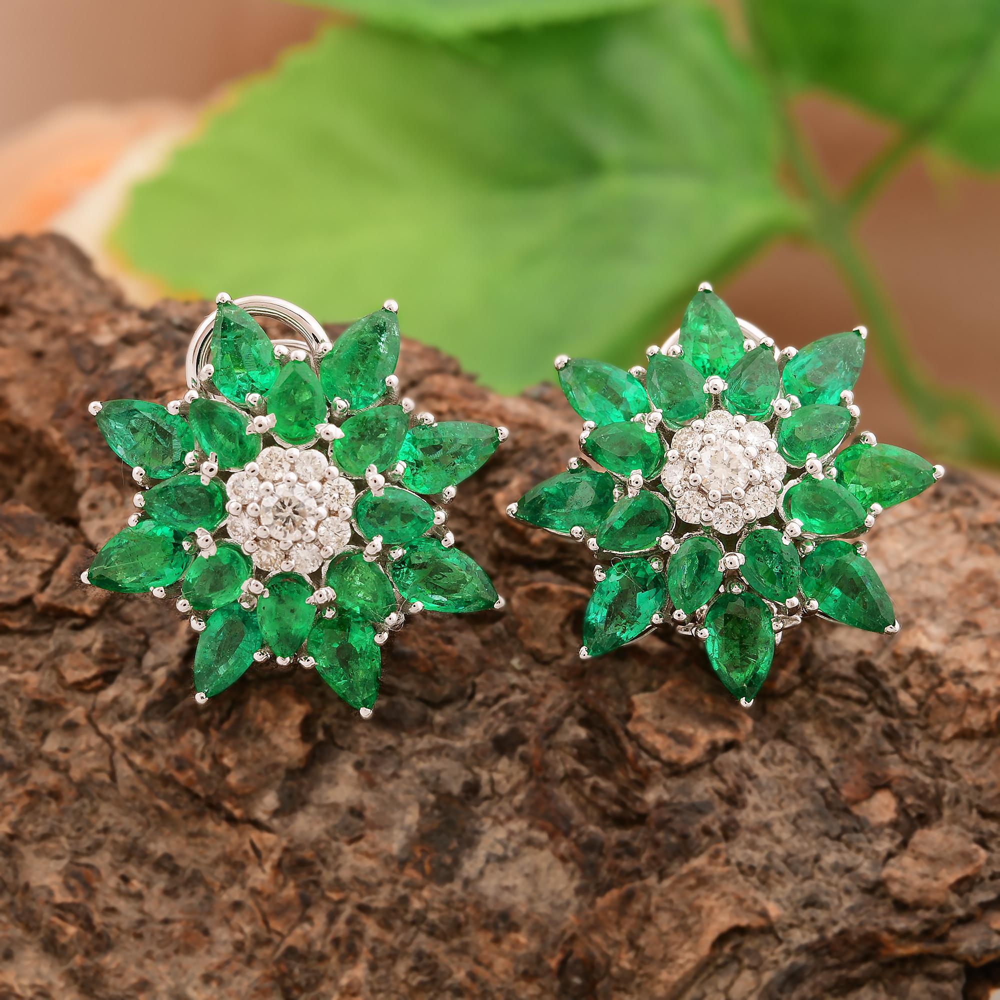 Modern Oval Natural Emerald Starburst Stud Earrings Diamond 14k White Gold Fine Jewelry For Sale