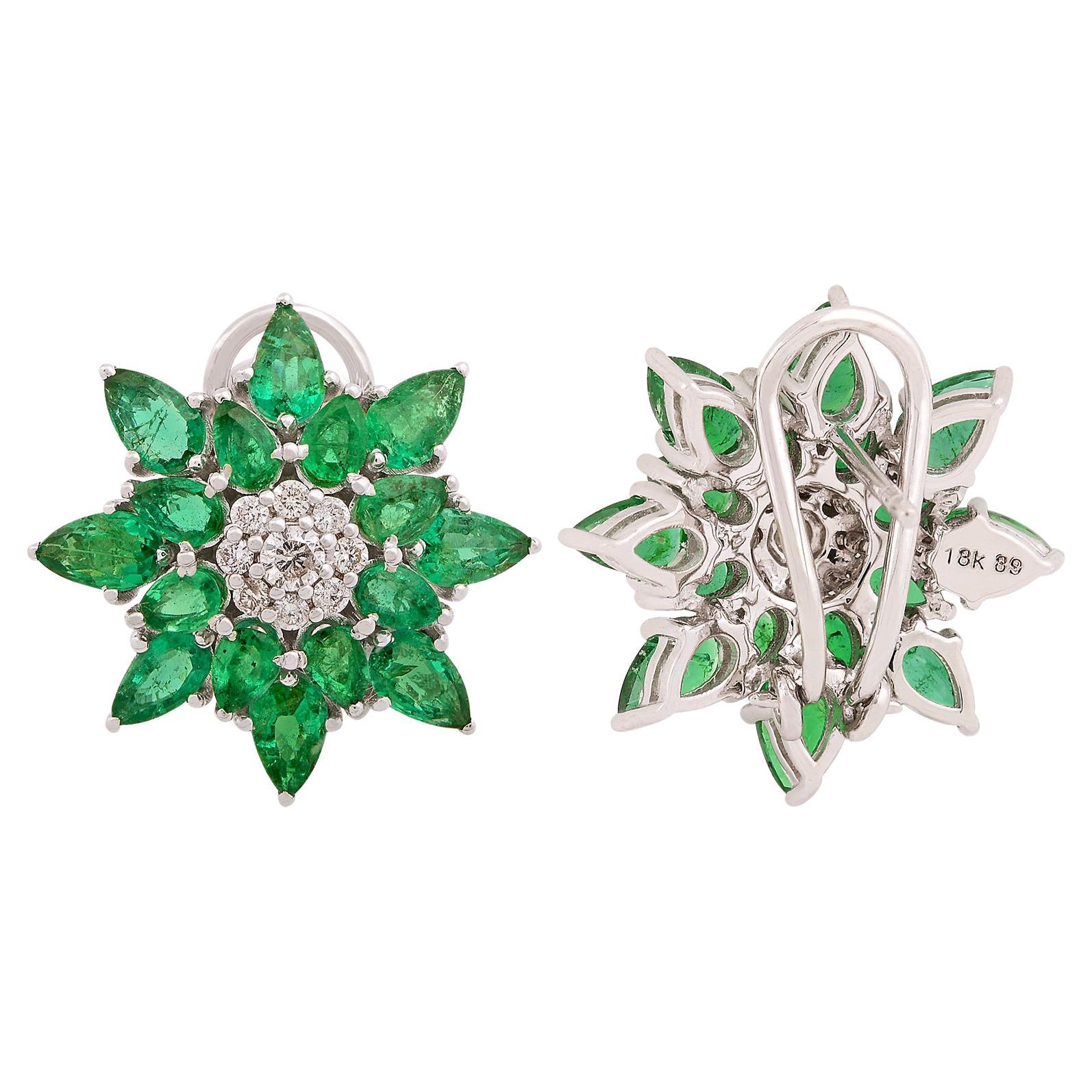 Oval Natural Emerald Starburst Stud Earrings Diamond 14k White Gold Fine Jewelry