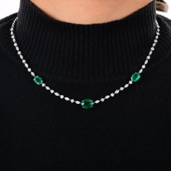 Oval Zambian Emerald Station Diamond Chain Necklace 14 Karat White Gold Jewelry