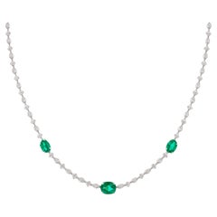 Oval Zambian Emerald Station Diamond Chain Necklace 14 Karat White Gold Jewelry