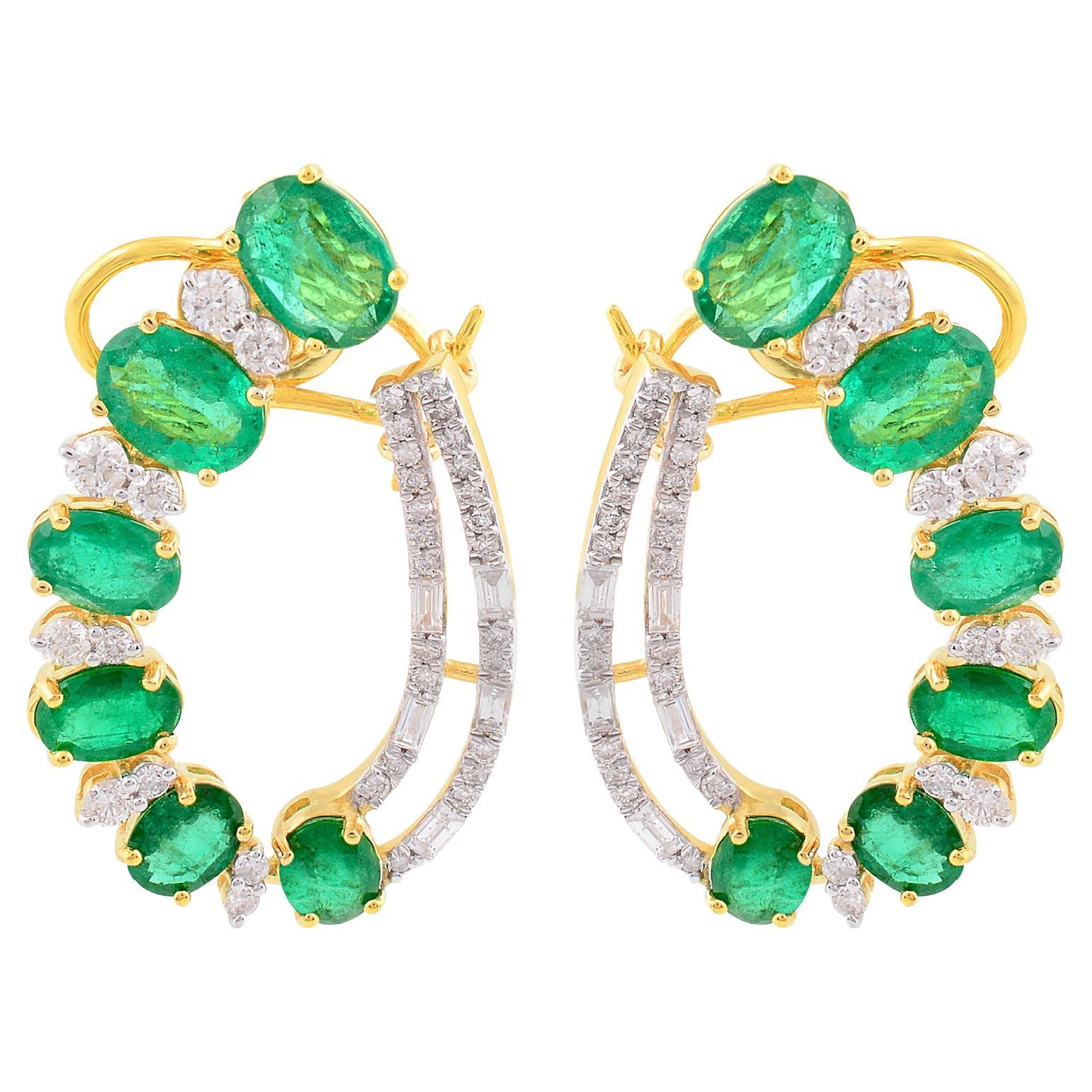 Oval Natural Emerald Stud Earrings Pave Diamond Solid 18k Yellow Gold Jewelry