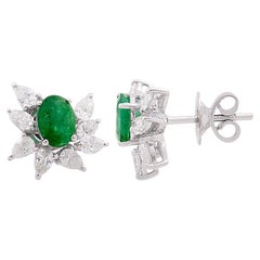 Oval Zambian Emerald Stud Earrings Pear Diamond Solid 18k White Gold Jewelry