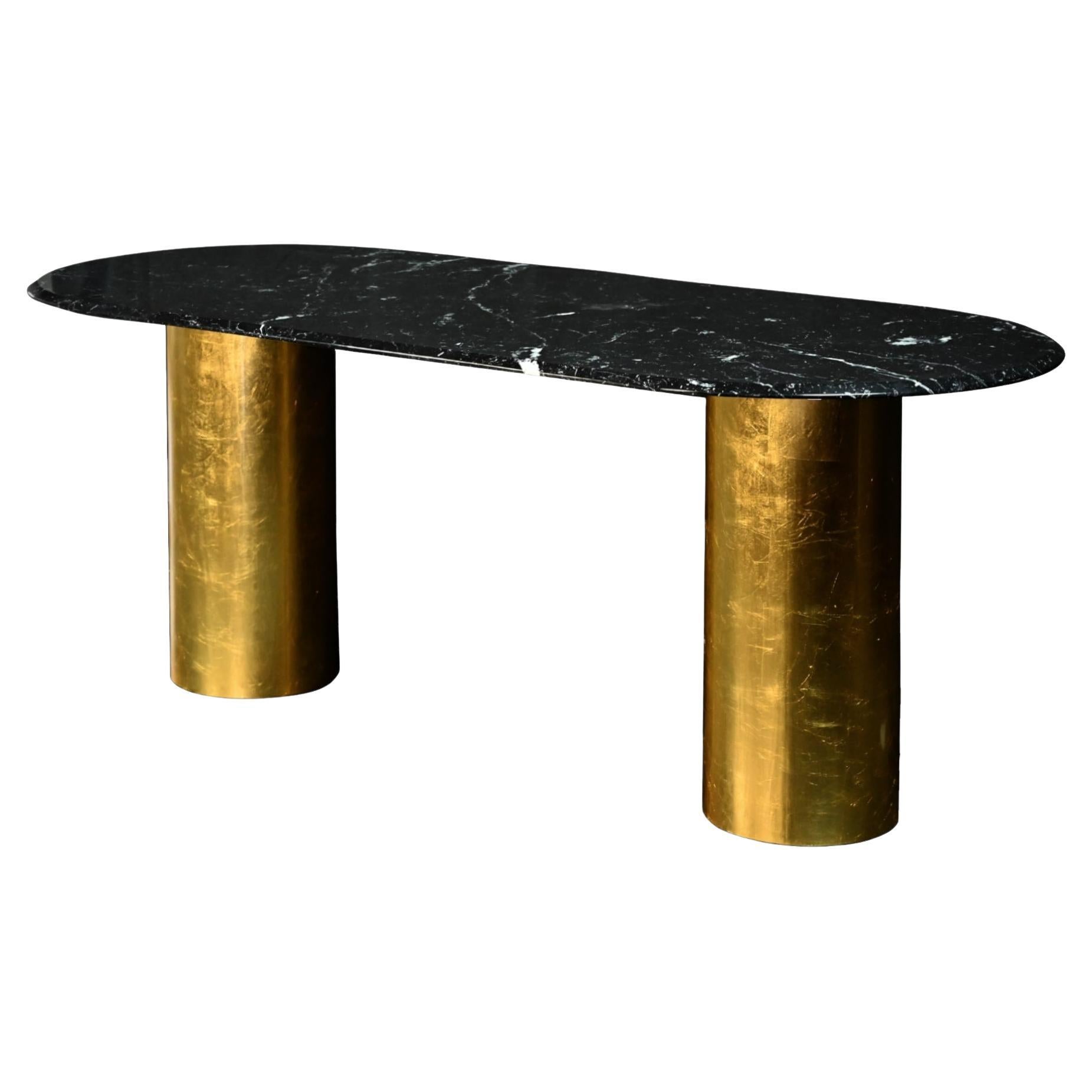 Onyx and Gold Leaf Marble Dining Table by Maison Charles For Sale at