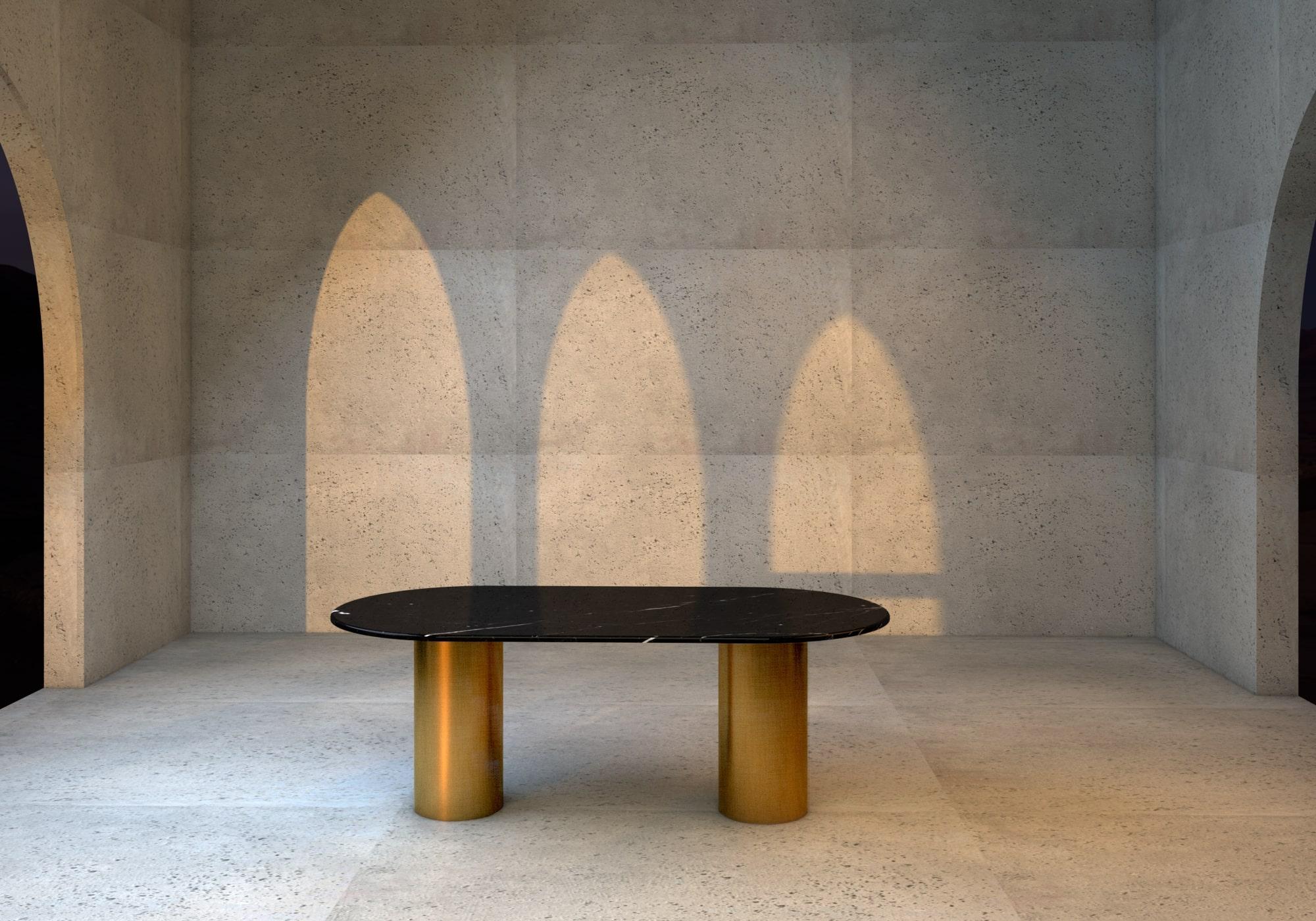The simple and geometric shapes of the Ovale nq1 dinig table create a sculptural and minimal aesthetic that is fused with a whimsical game between color, material and texture.

The structure is composed by two tubes made of steel, decorated with