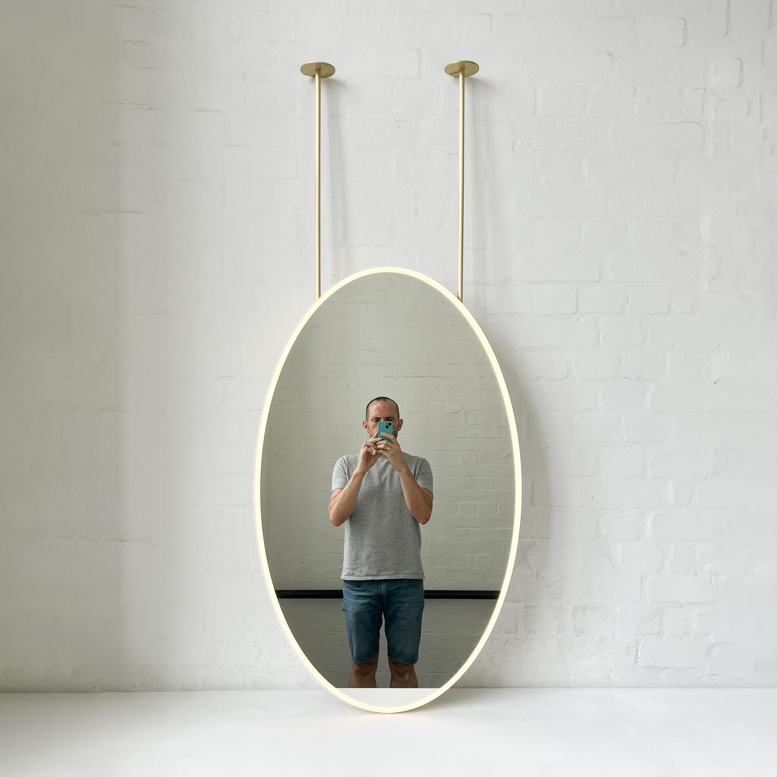 Brushed Ovalis Ceiling Suspended Illuminated Oval Mirror with Brass Frame For Sale