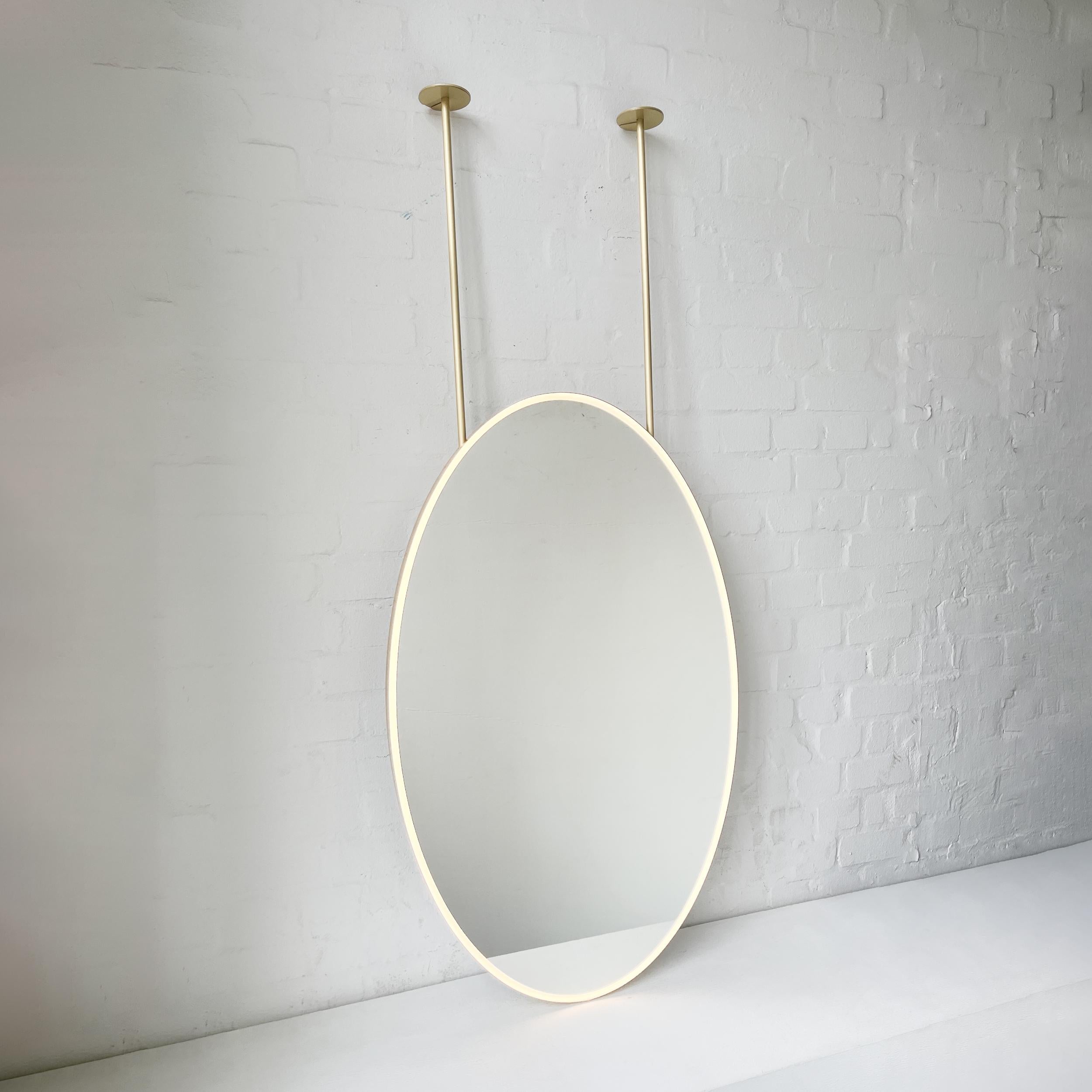 Ovalis Ceiling Suspended Illuminated Oval Mirror with Brass Frame For Sale 2
