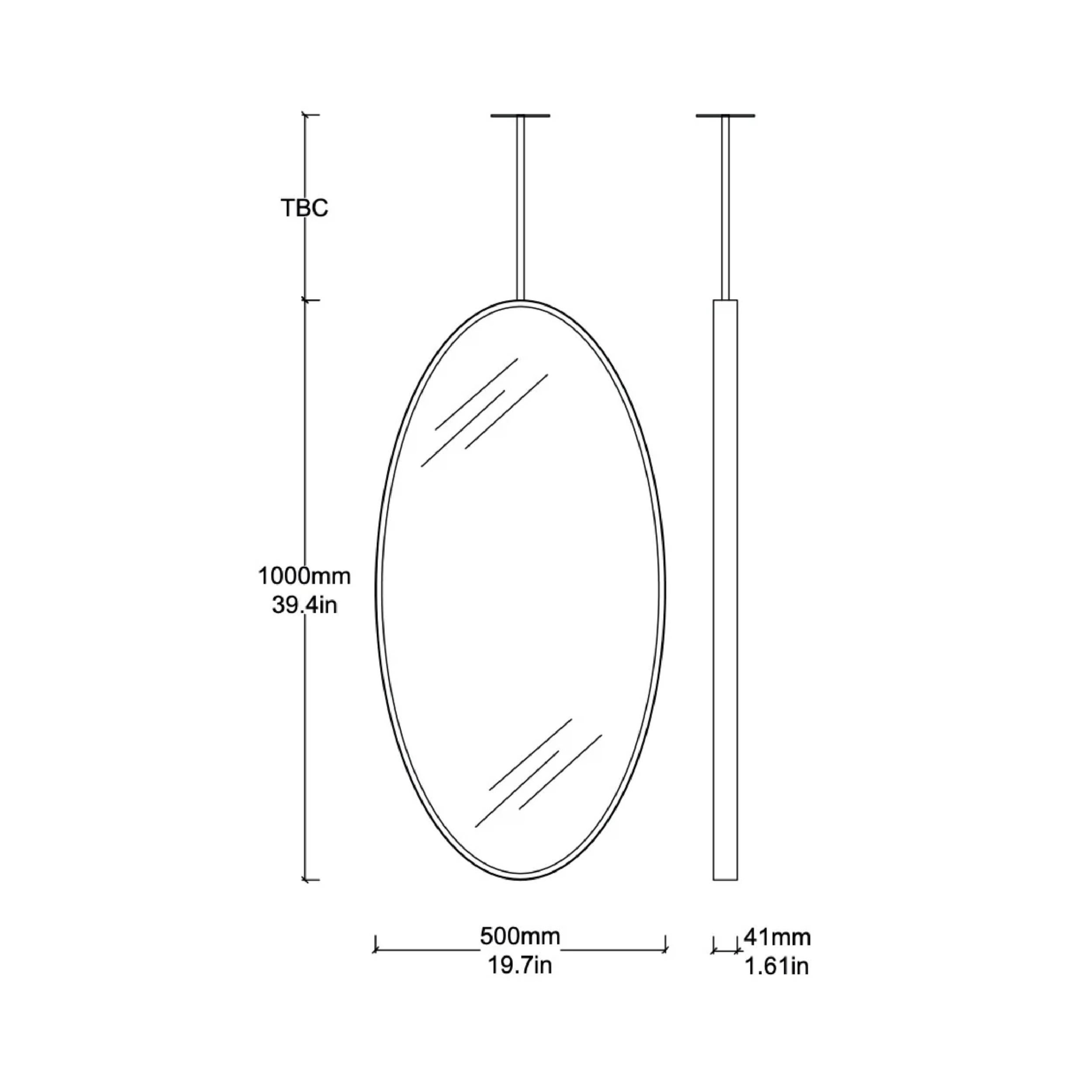 Brushed Ovalis Ceiling Suspended Oval Mirror with a Brass Frame and Front Illumination For Sale