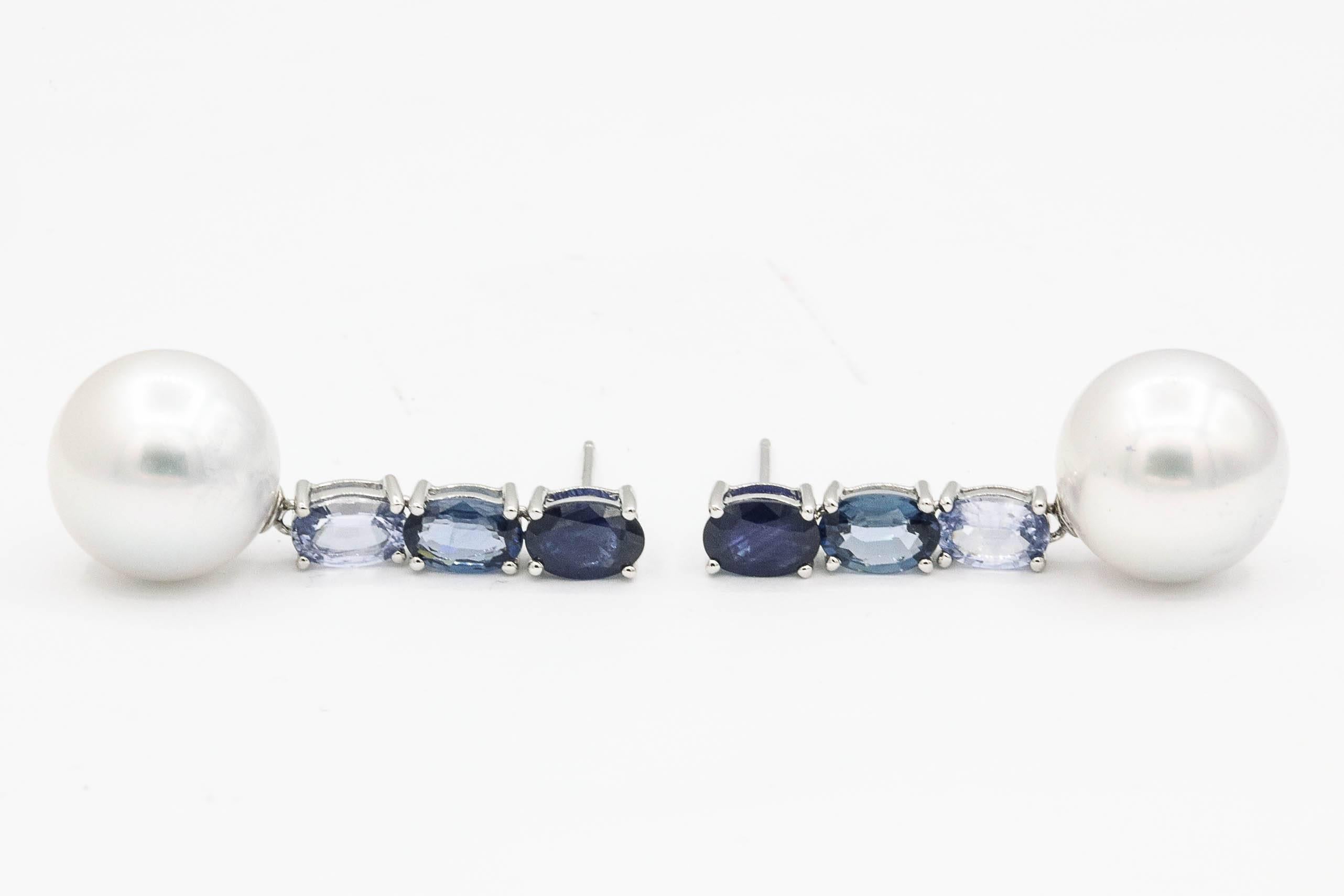 Contemporary Ovals Sapphires and South Sea Pearls Dangle Drop Earrings 18k White Gold For Sale
