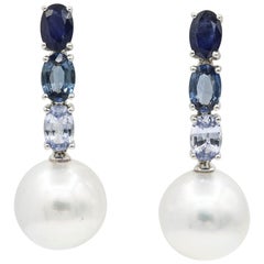 Ovals Sapphires and South Sea Pearls Dangle Drop Earrings