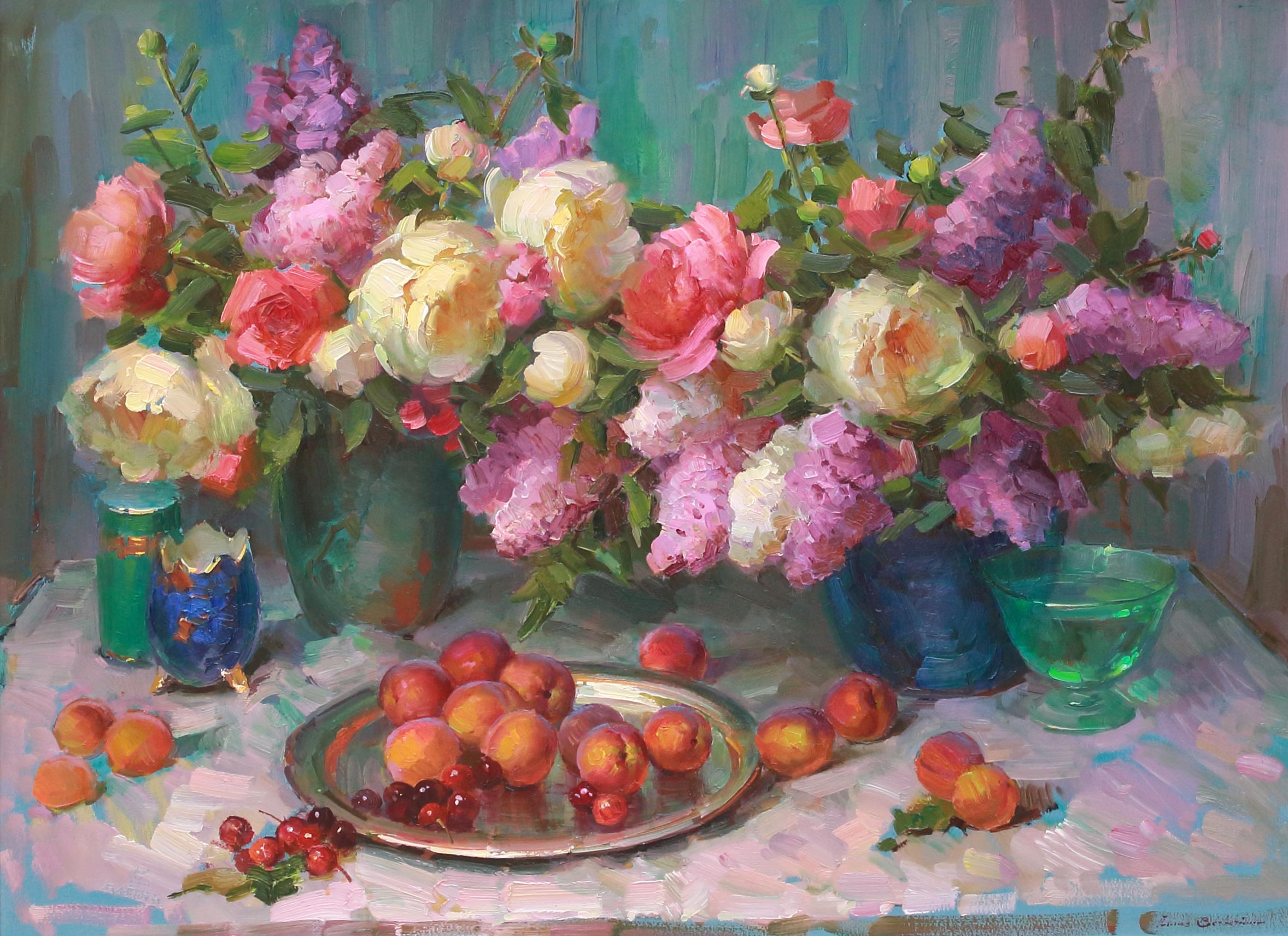 Still Life with Flowers and Peaches - Impressionist Painting by Ovanes Berberian