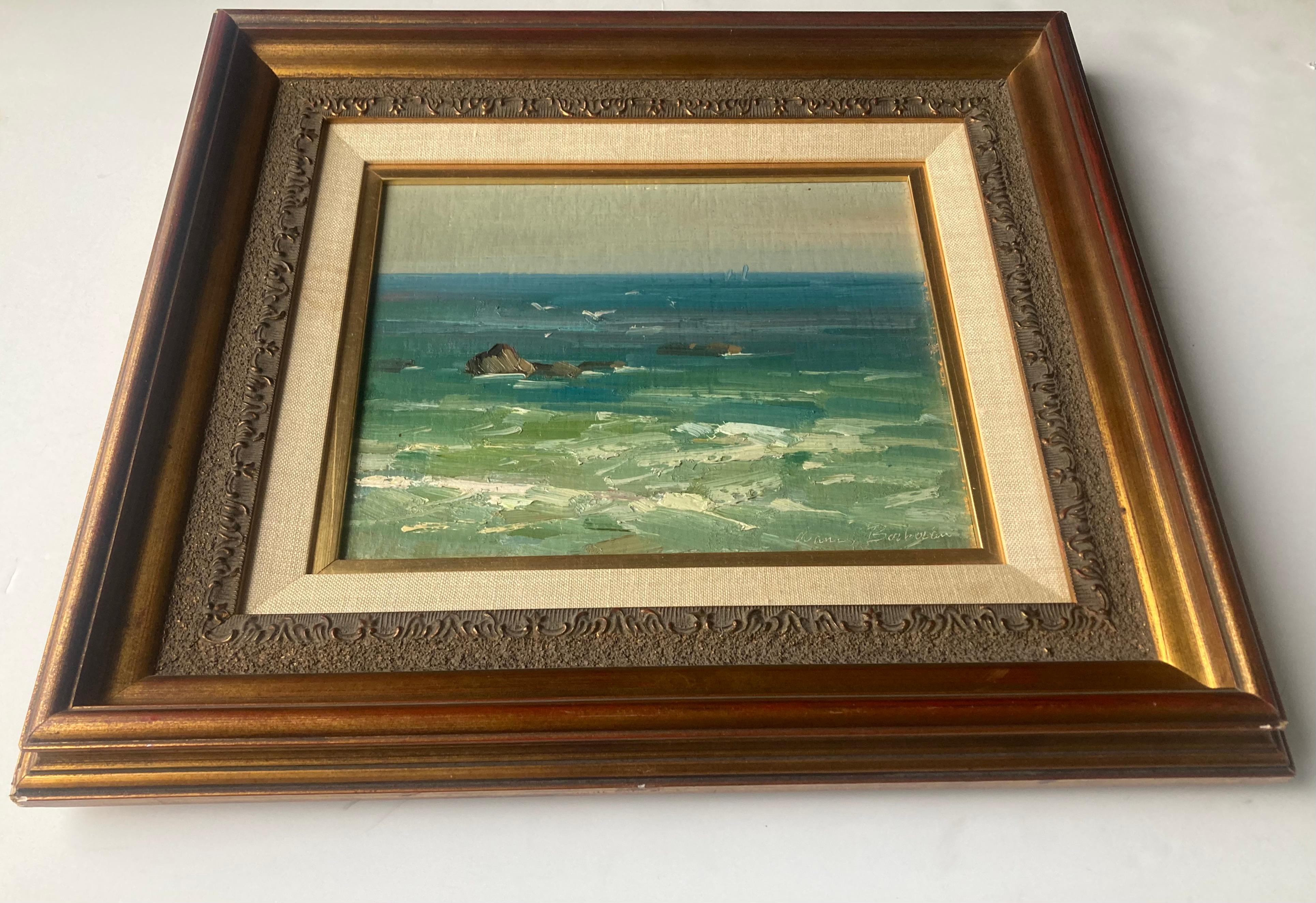 Peinture Ovanes Berberian paysage marin peinture à l'huile sur carton plein air . en vente