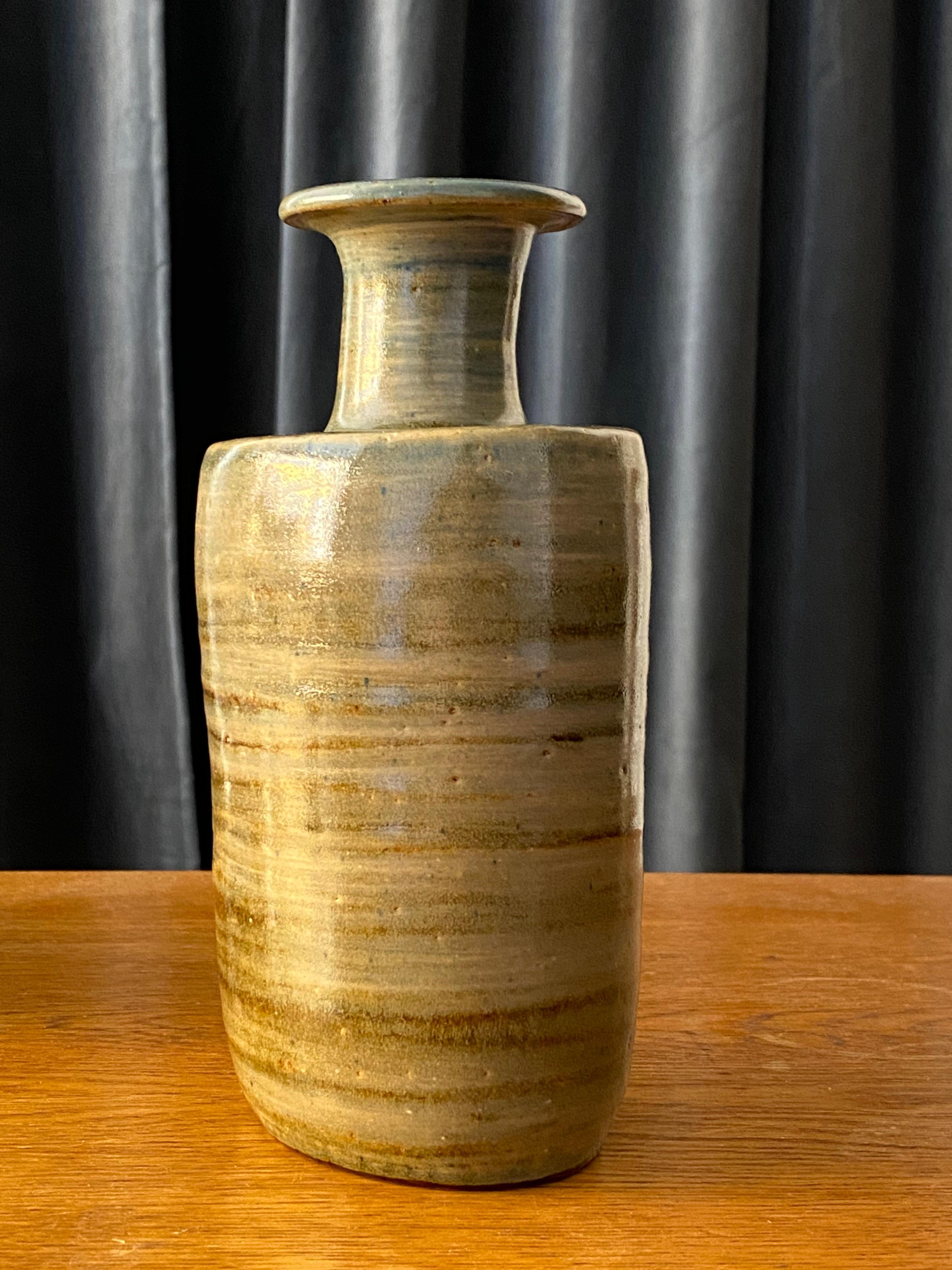 Scandinavian Modern Ovar Nilsson, Stoneware Vase or Flask, Hand-Applied Glaze, Studio of Artist 1970