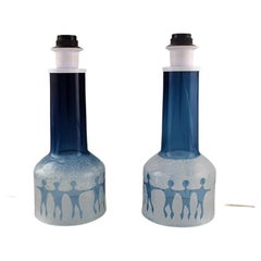 Deux lampes de bureau en verre d'art bleu et transparent Ove Sandberg pour Kosta Boda