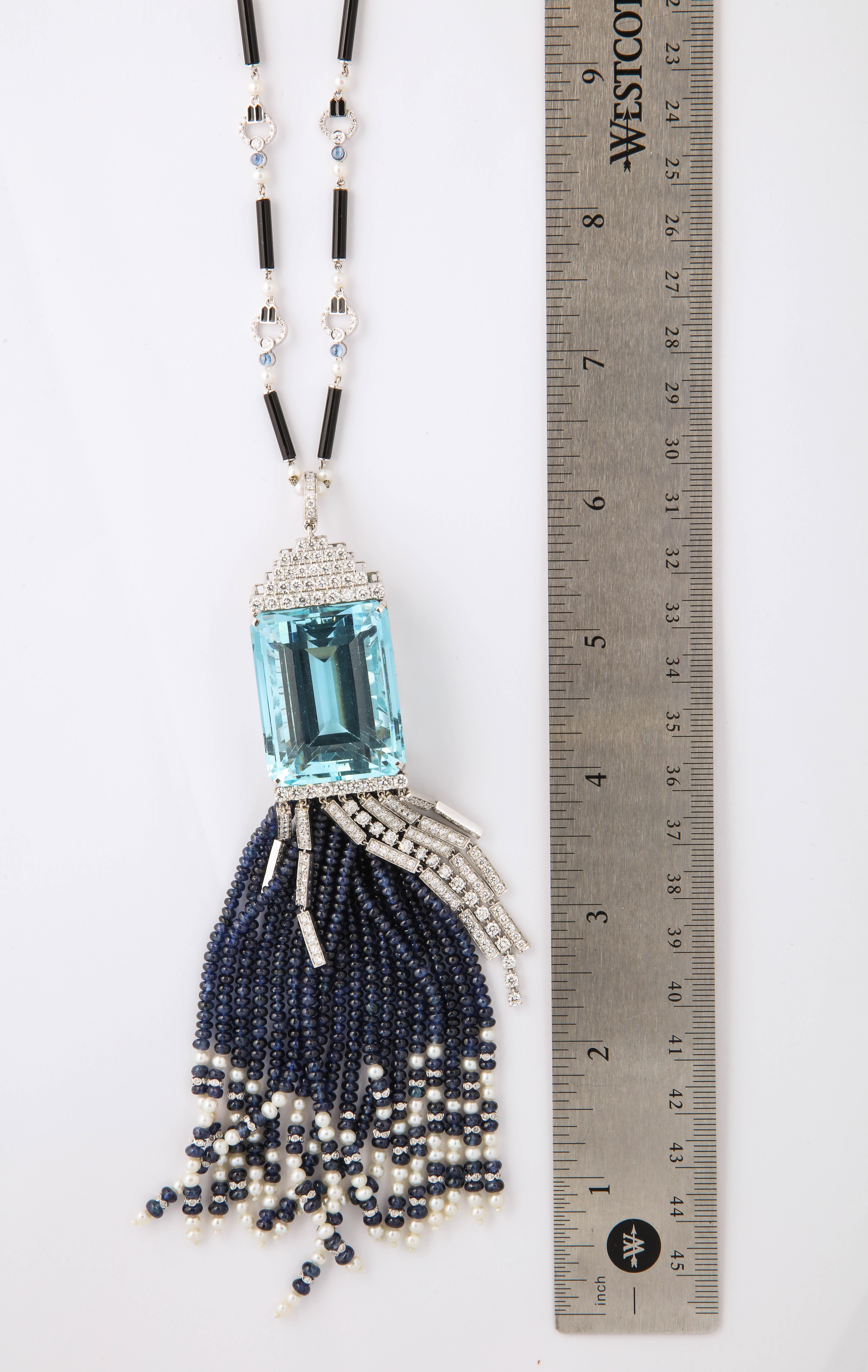 Modern 118 Carat Aquamarine and Sapphire Tassel Sautoir Length Necklace For Sale