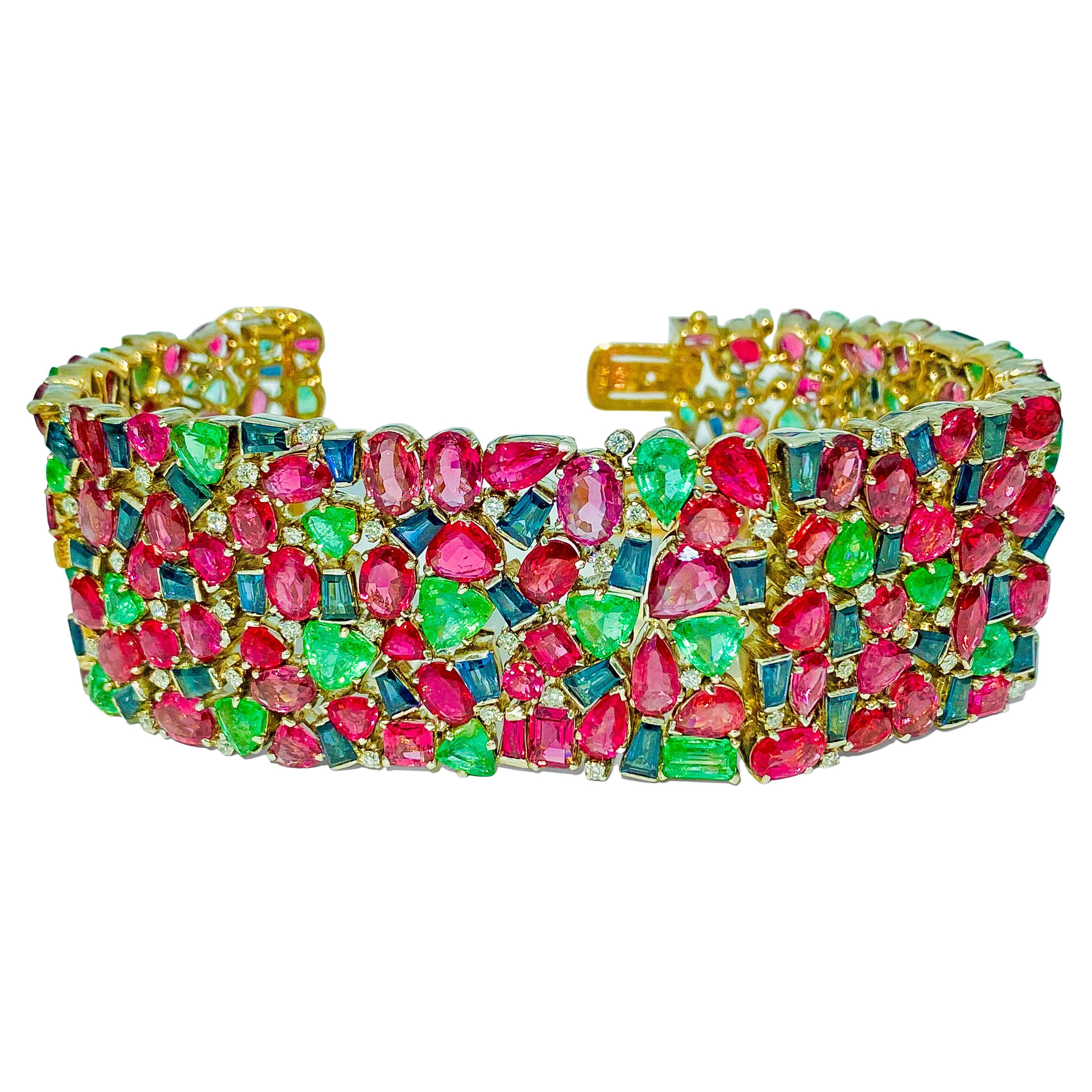 Over 200.00 Carat Mughal Empire: Burma Ruby, Emerald & Sapphire Clamper Bracelet