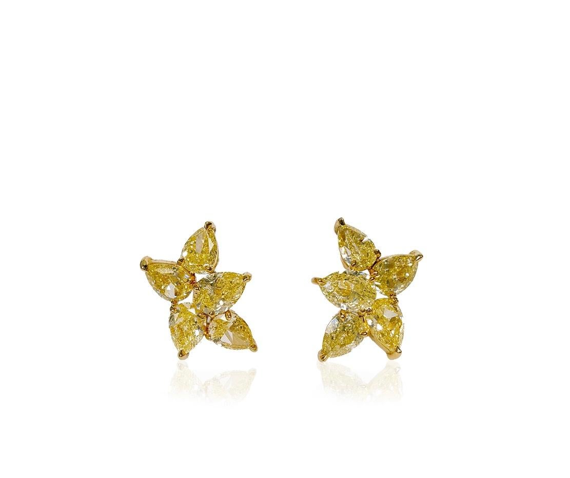 Wir präsentieren ein exquisites Paar gelber Diamant-Cluster-Ohrstecker, die von zehn birnenförmigen gelben Diamanten mit einem Gesamtgewicht von über 5 Karat geziert werden. Diese bezaubernden Edelsteine sind elegant in eine polierte Fassung aus 18