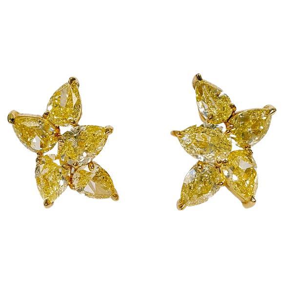 Over 5 Carat Yellow Diamond Cluster Stud Earrings, Set in 18K Yellow Gold. For Sale