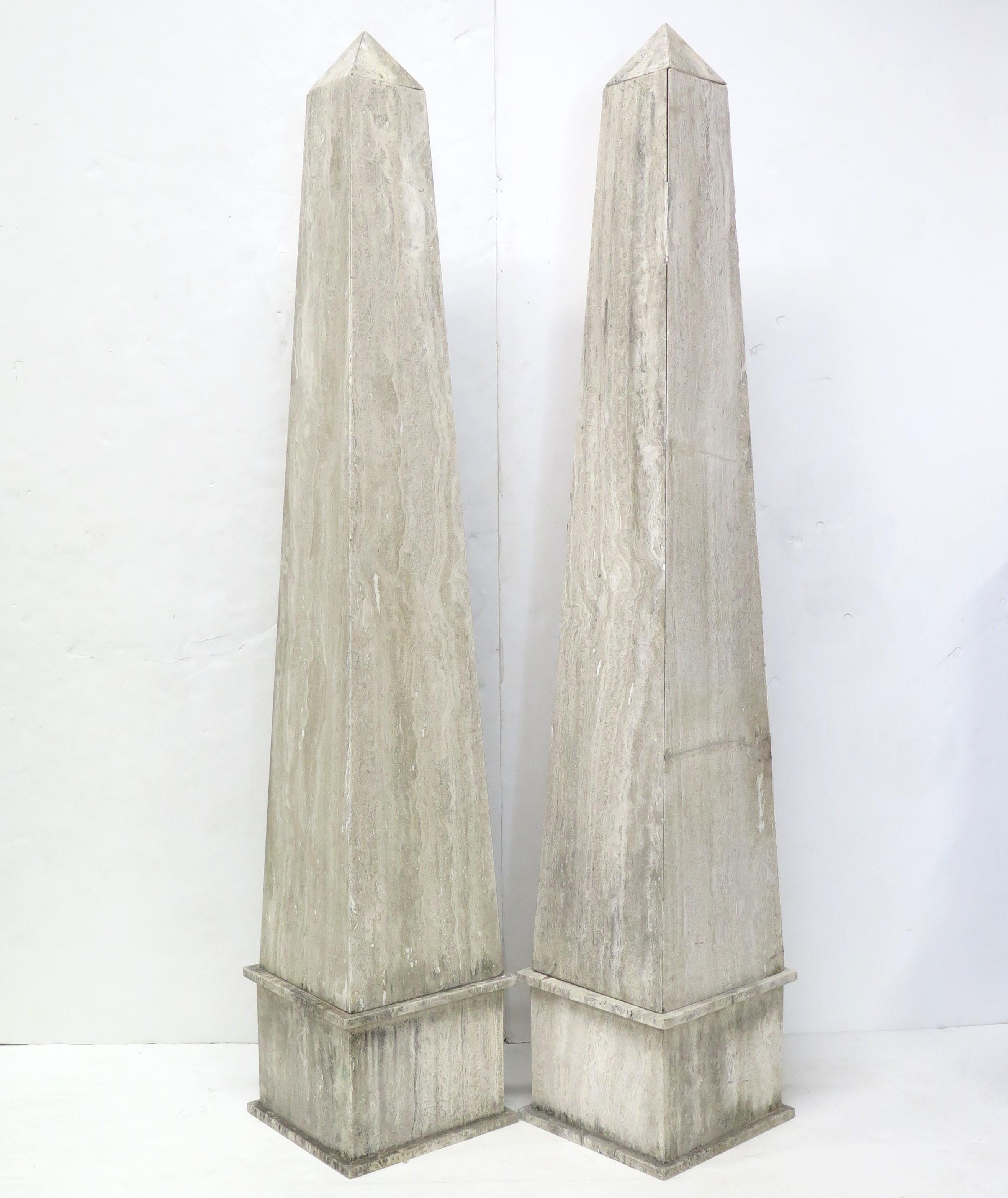 Mid-Century Modern (Over 6' Tall) Large Scale Pair of Italian Travertine Obelisks 