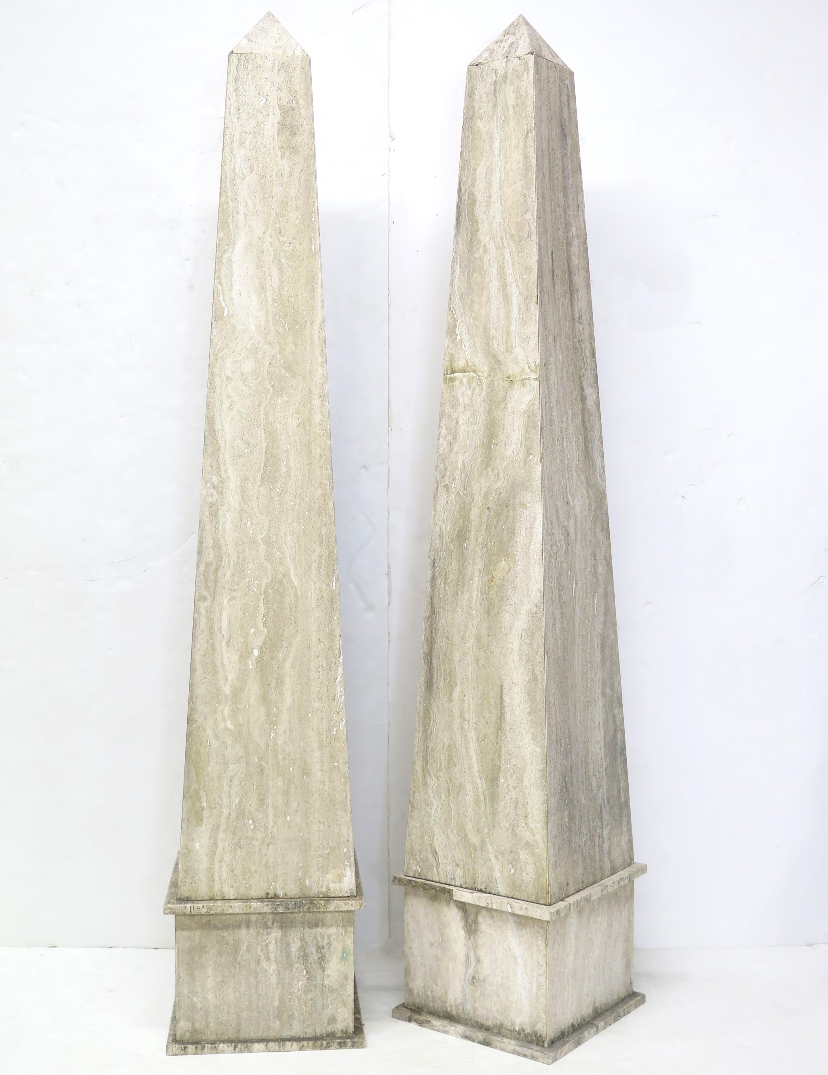 Hand-Crafted (Over 6' Tall) Large Scale Pair of Italian Travertine Obelisks 