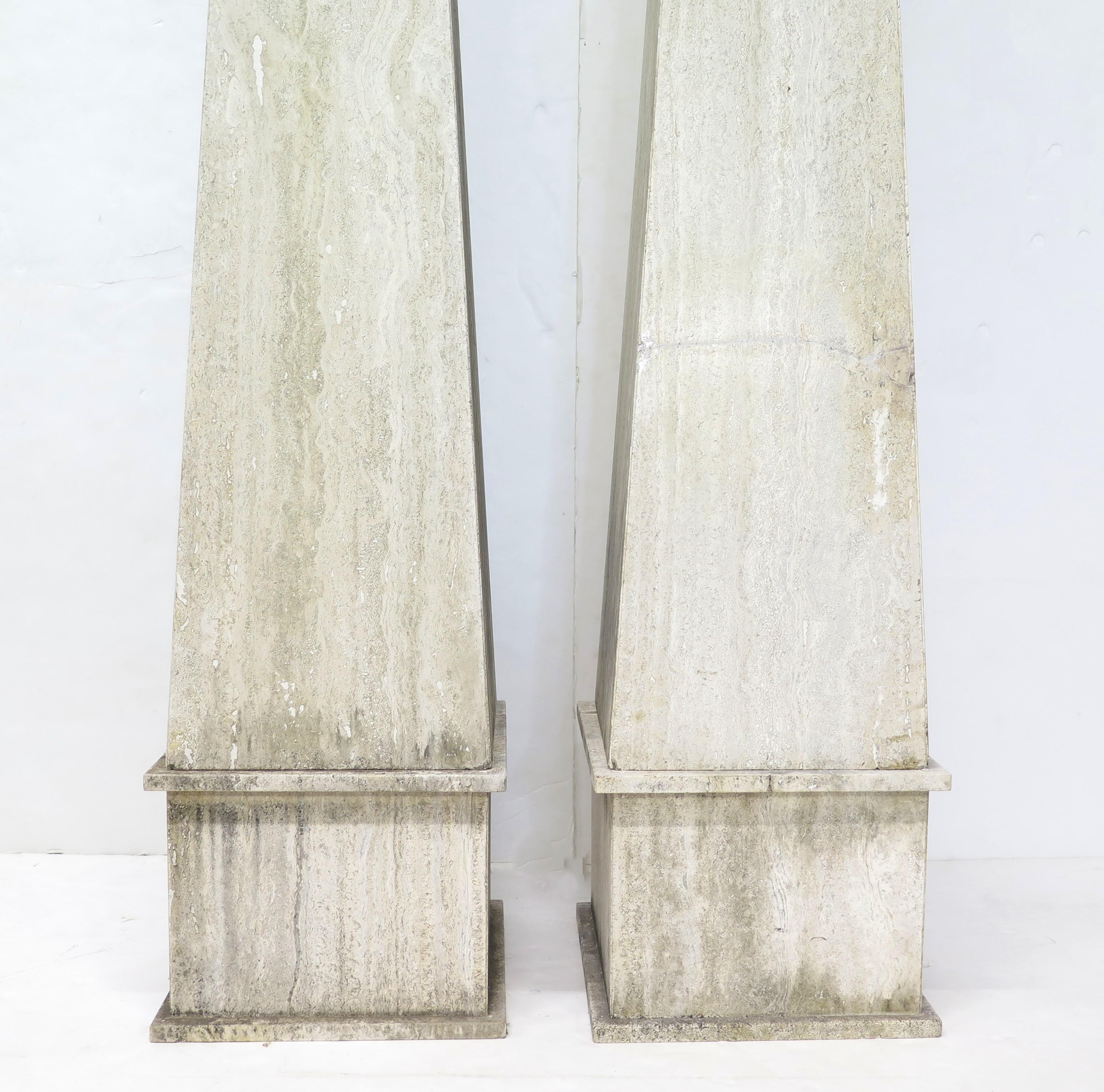 20th Century (Over 6' Tall) Large Scale Pair of Italian Travertine Obelisks 