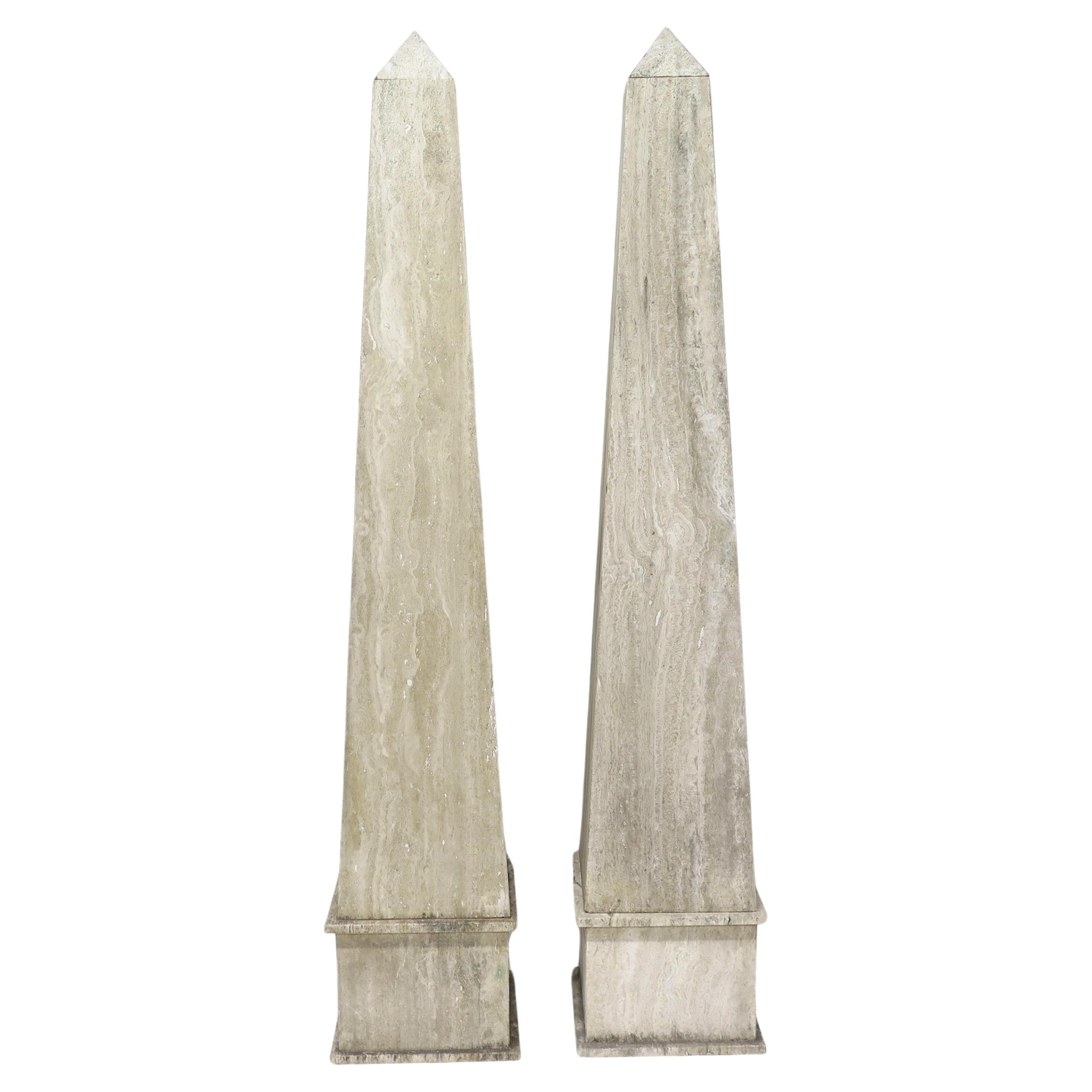 (Over 6' Tall) Large Scale Pair of Italian Travertine Obelisks 
