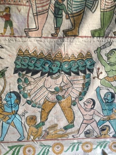 Over 9' Vintage Indian Wall Hanging Painting on Canvas from Diwali Festival