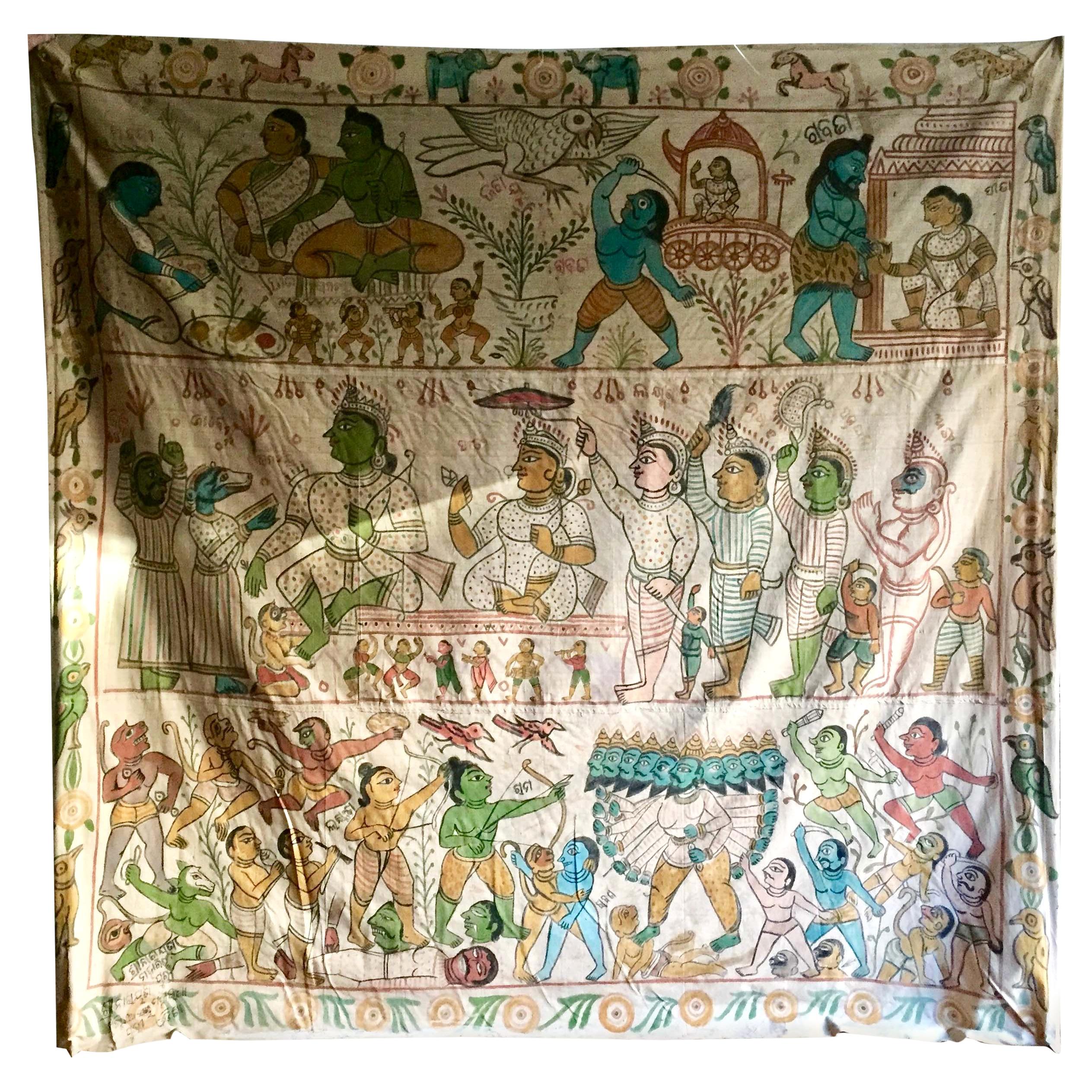 Over 9' Vintage Indian Wall Hanging Painting on Canvas from Diwali Festival For Sale