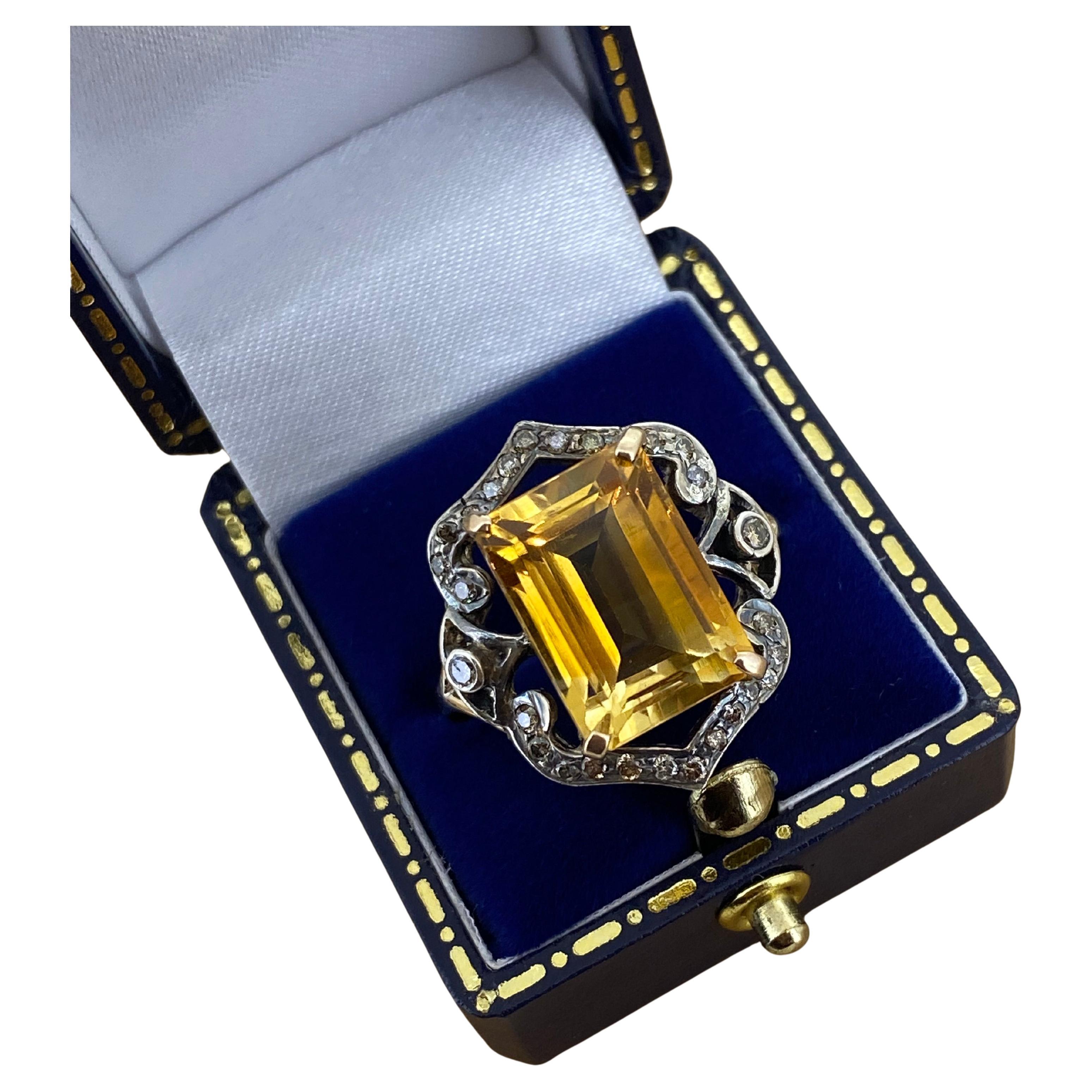 Über 9,00ct Goldener Citrin, Diamant Retro-Cocktail-Ring in 14K Gold & Silber