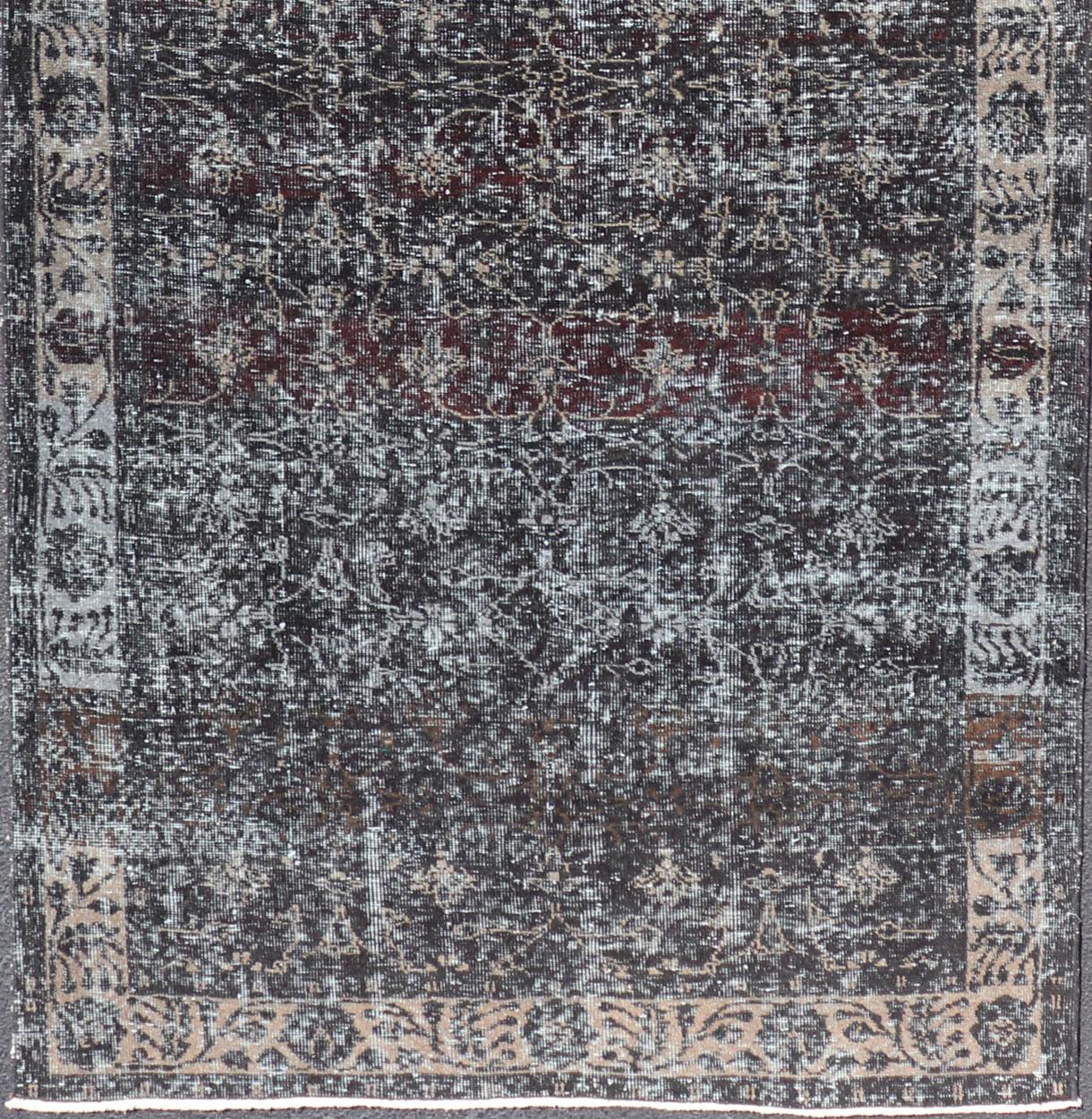 Over Dyed Gallery Oushak with All-Over Floral Design in Charcoal, Cream & Grays For Sale 7