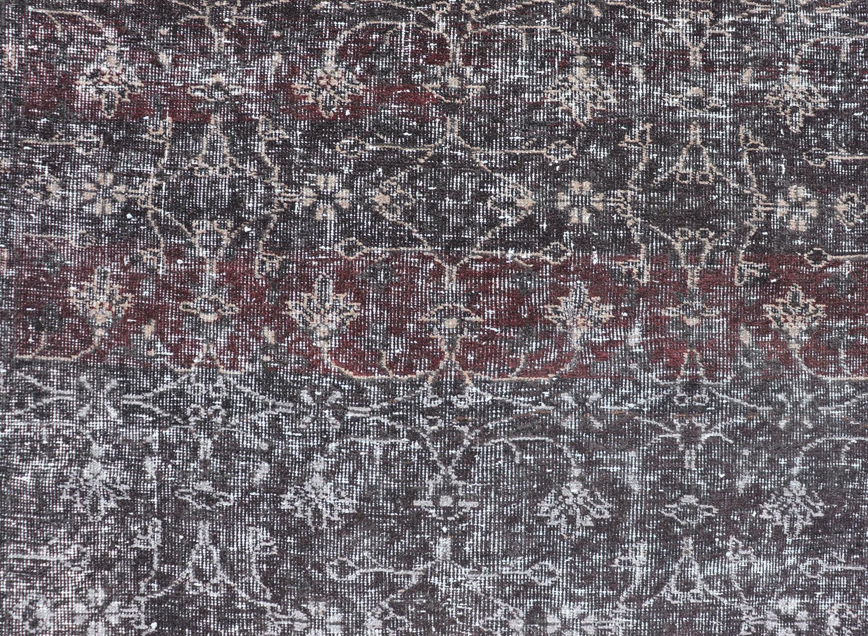 Wool Over Dyed Gallery Oushak with All-Over Floral Design in Charcoal, Cream & Grays For Sale