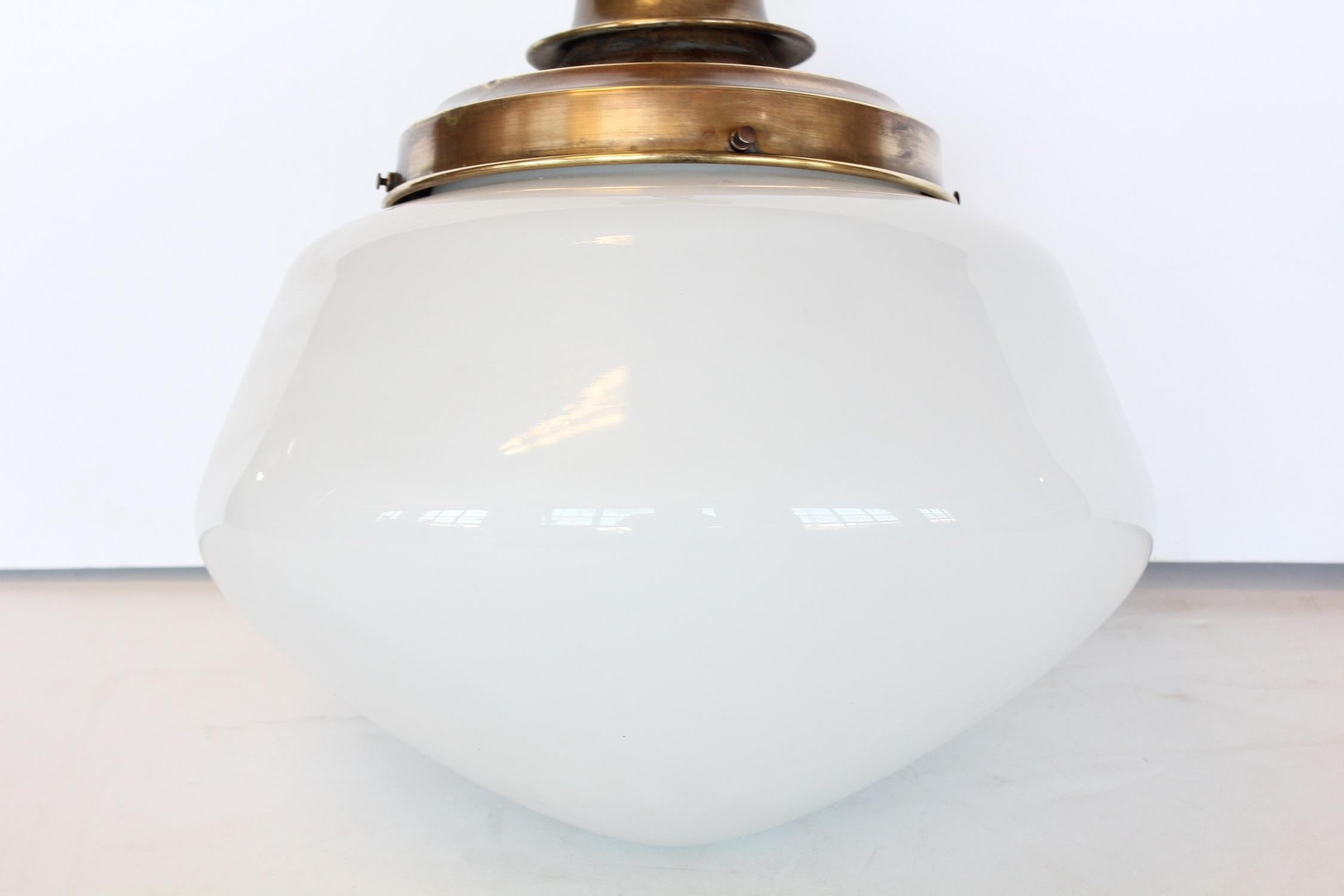 Schoolhouse Over Sized Antique Milk Glass and Brass School Light, More Available For Sale