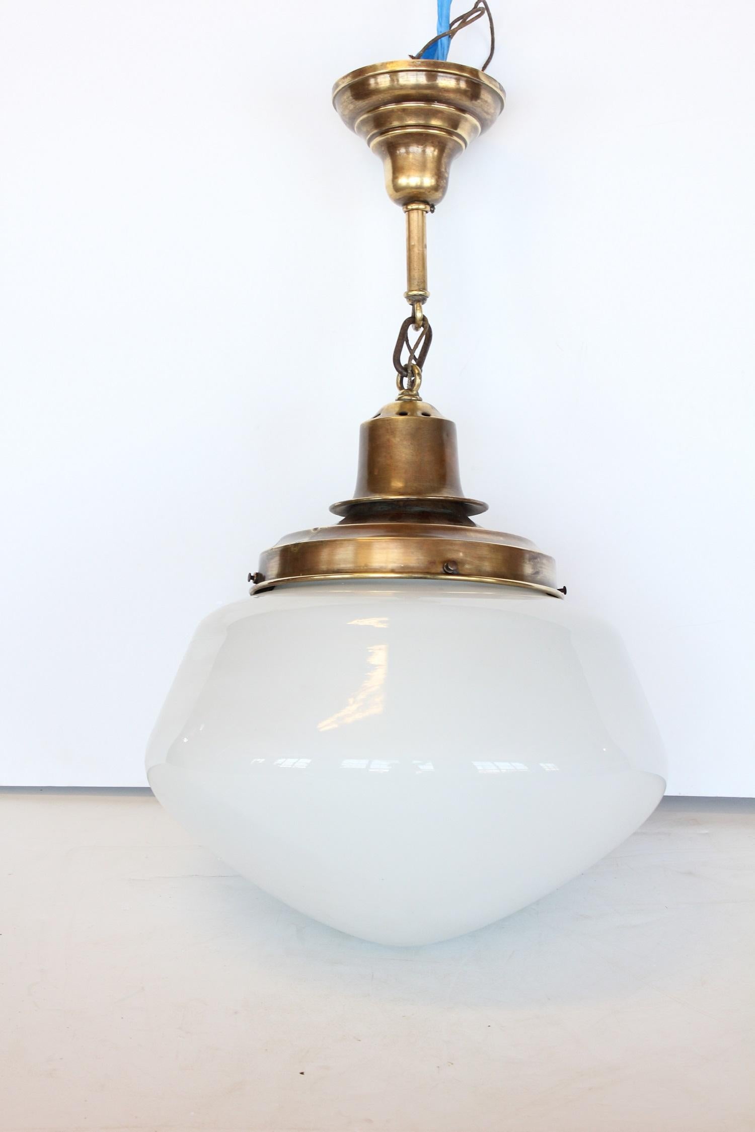 American Over Sized Antique Milk Glass and Brass School Light, More Available For Sale