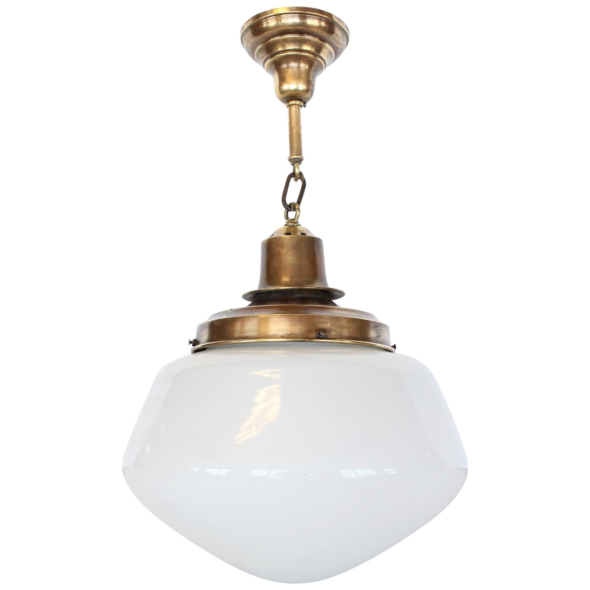 Over Sized Antique Milk Glass and Brass School Light, More Available For Sale