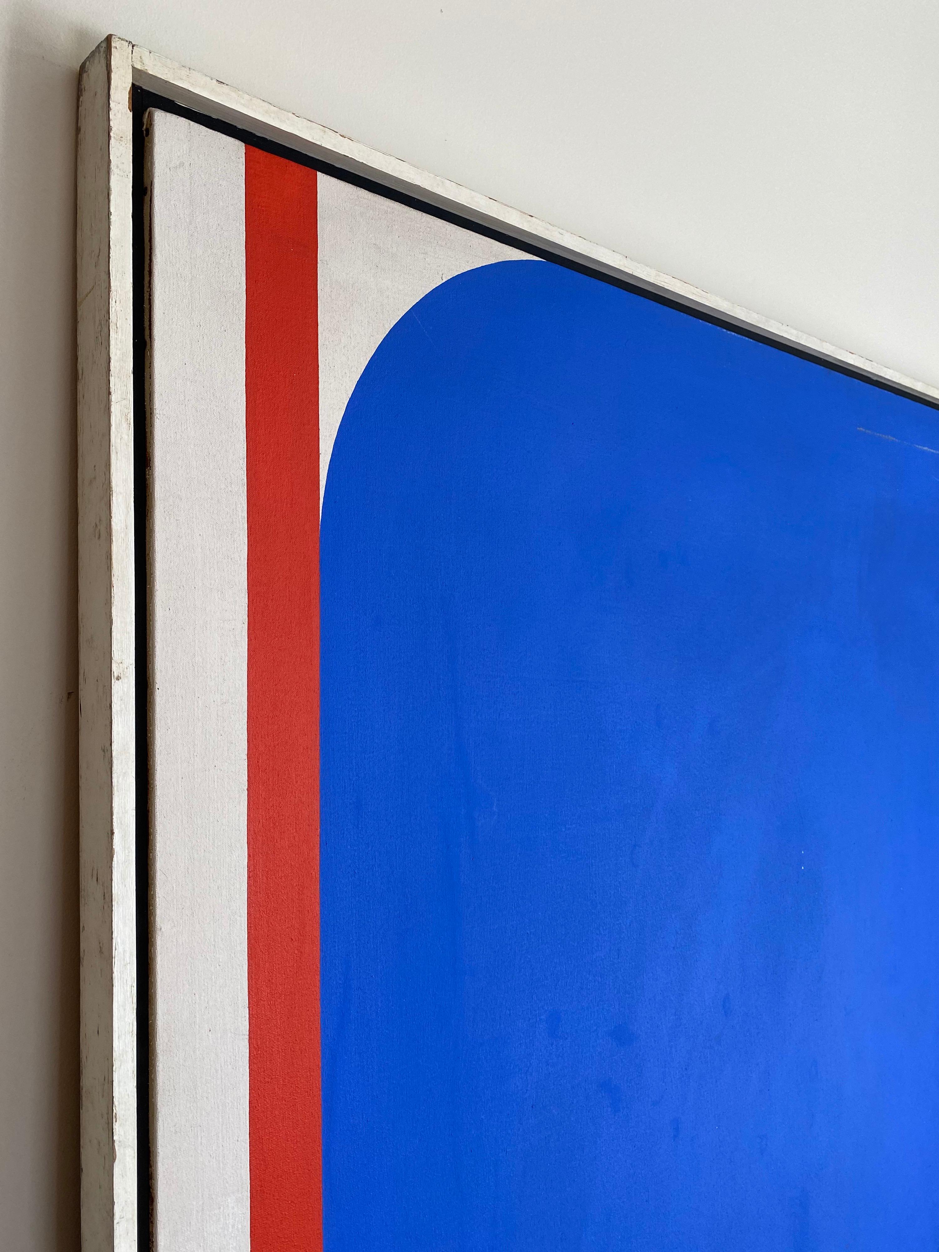 Vivid blue with contrasting green and red create the illusion of depth and movement in this outstanding painting. This piece hung in the North Carolina Museum of Art in the 1960s.

This piece is signed and titled on the verso 
