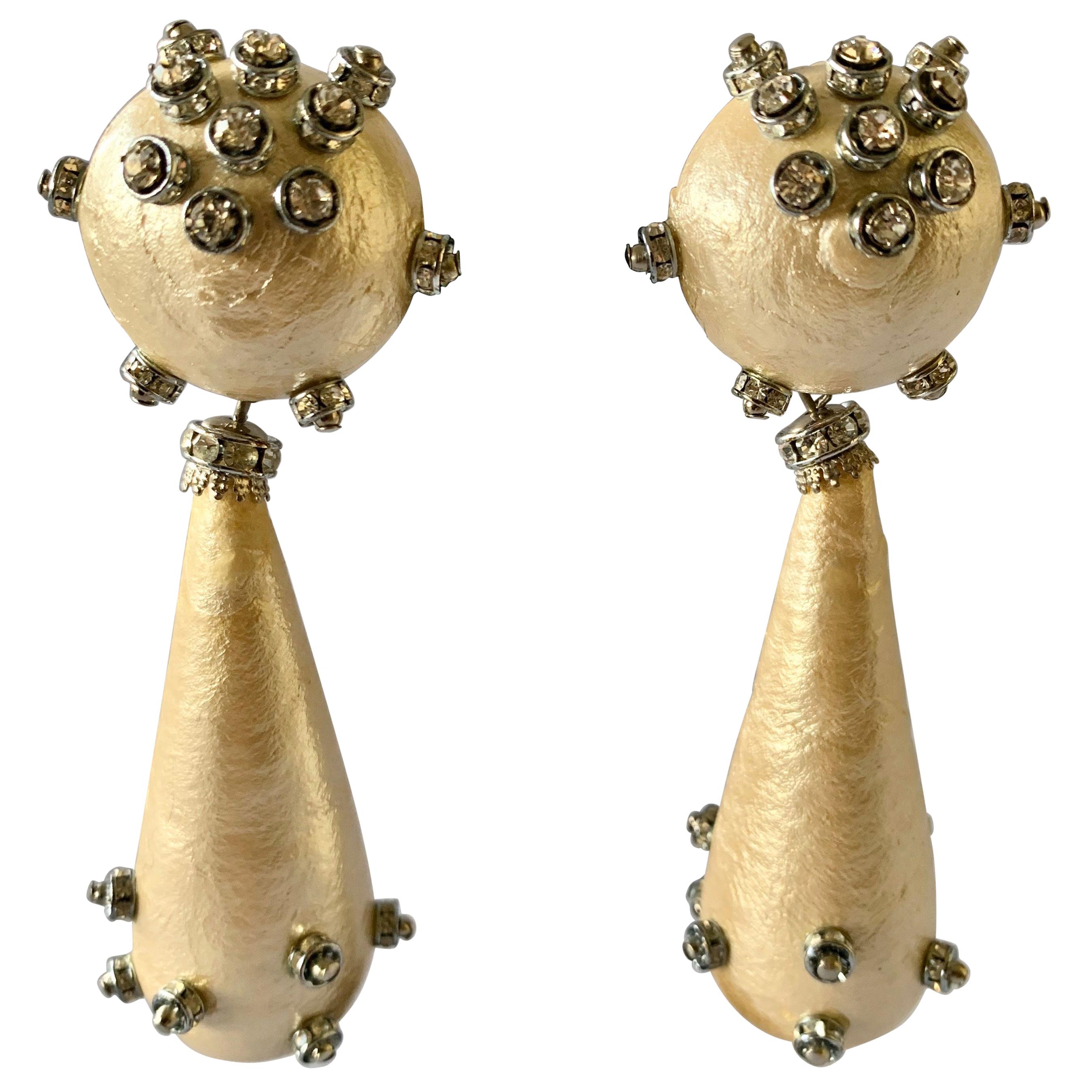 Over-sized Contemporary Drop Pearl Diamante "strass" Statement Earrings  