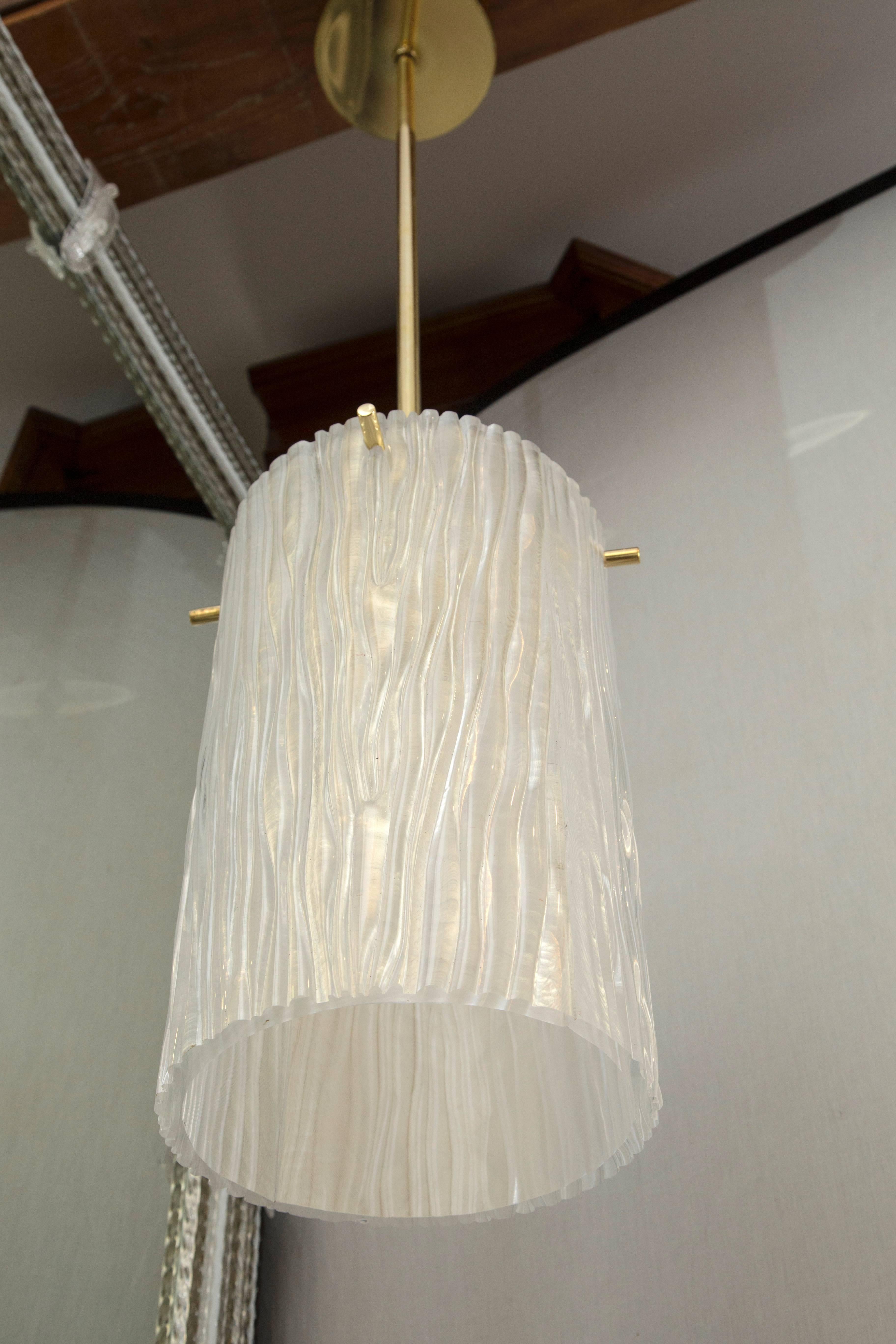 Fabulous iridescent white blown pendant, newly blown, made in Venice, Italy
note oversized dimensions
multiples available
Dimensions of glass:
14 1/8?
8 3/4? diameter
Overall height with brass stem 39?
Additionally stem heights can be made to