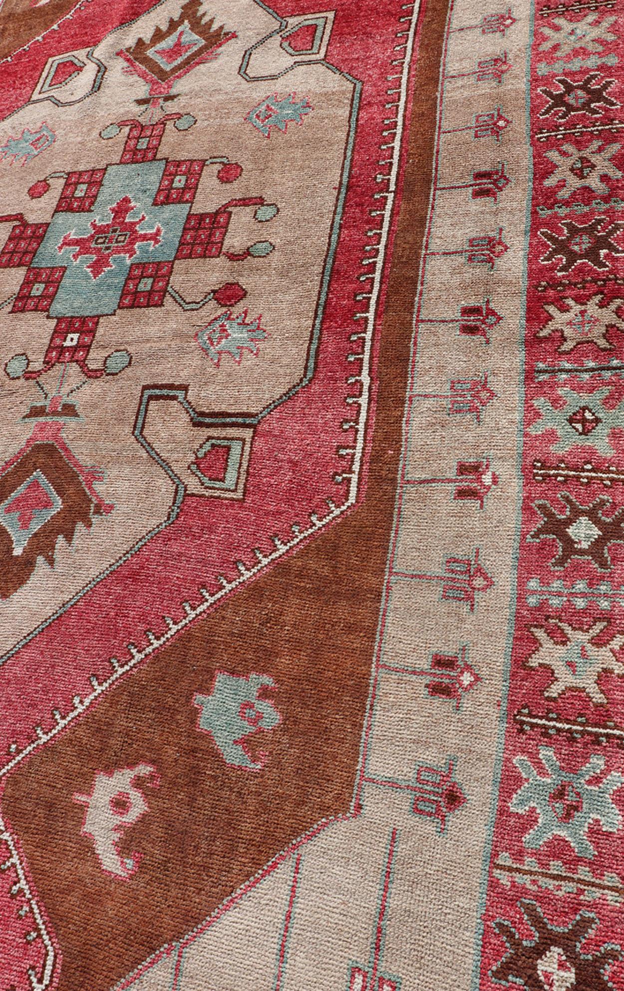 Over Sized Turkish Gallery Runner with Large Medallion in Red, Taupe and Brown For Sale 4