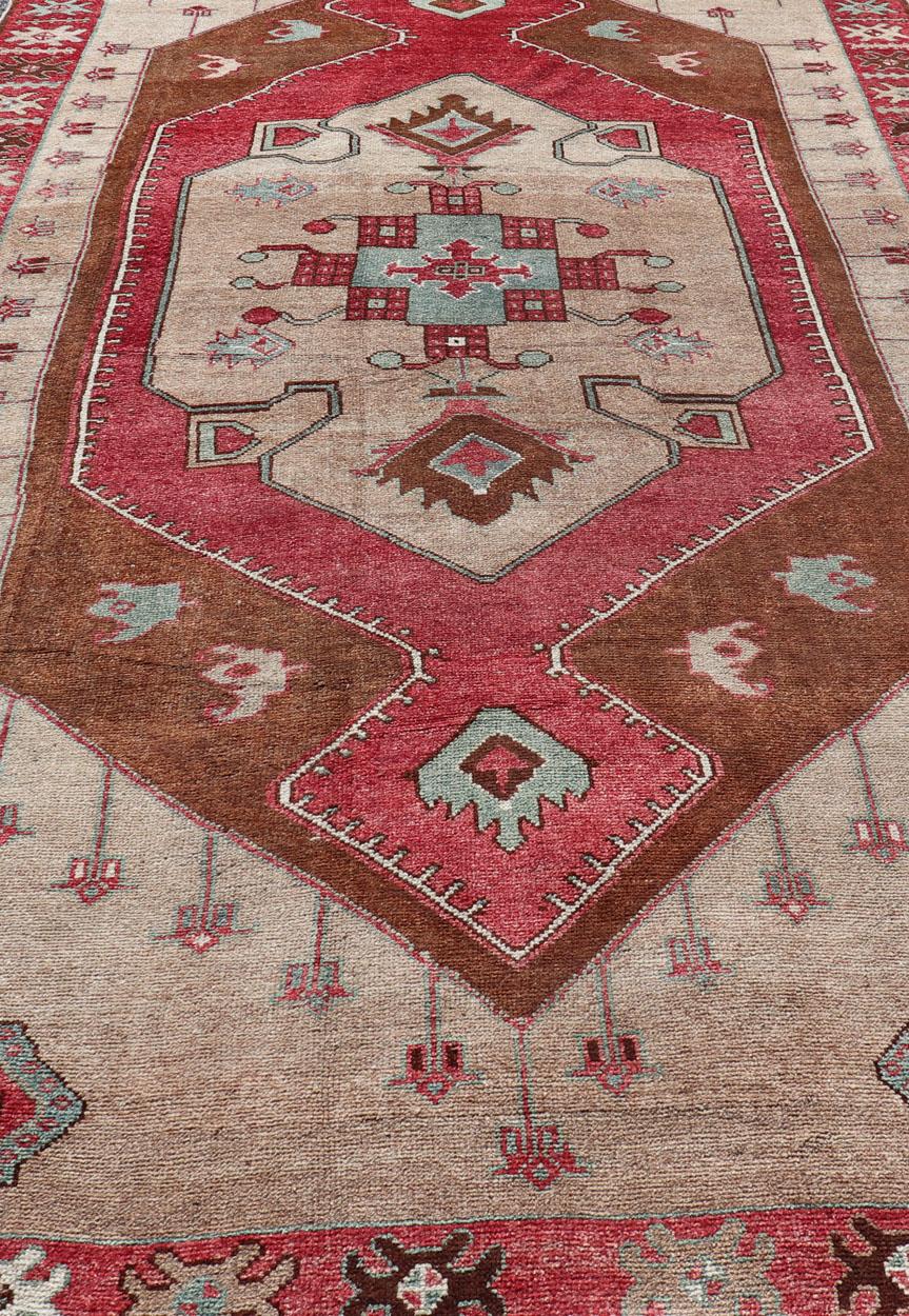 Over Sized Turkish Gallery Runner with Large Medallion in Red, Taupe and Brown For Sale 5