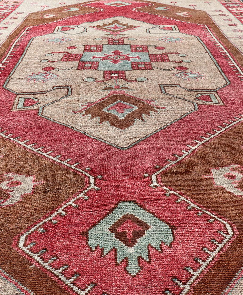 Over Sized Turkish Gallery Runner with Large Medallion in Red, Taupe and Brown For Sale 6