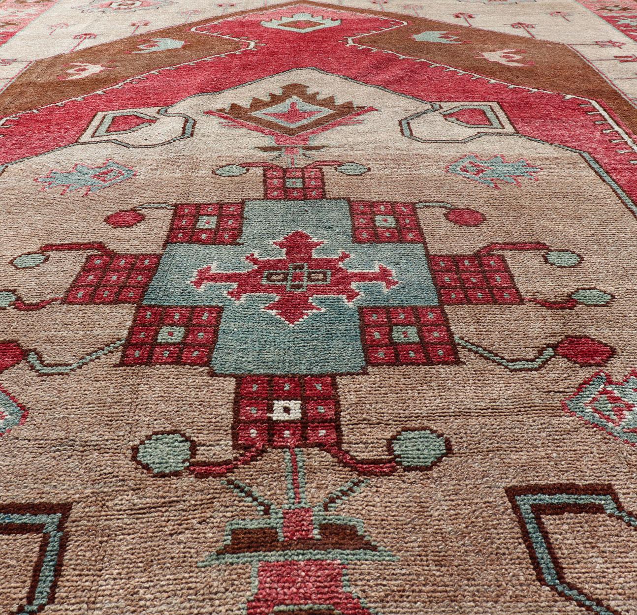 Over Sized Turkish Gallery Runner with Large Medallion in Red, Taupe and Brown For Sale 7