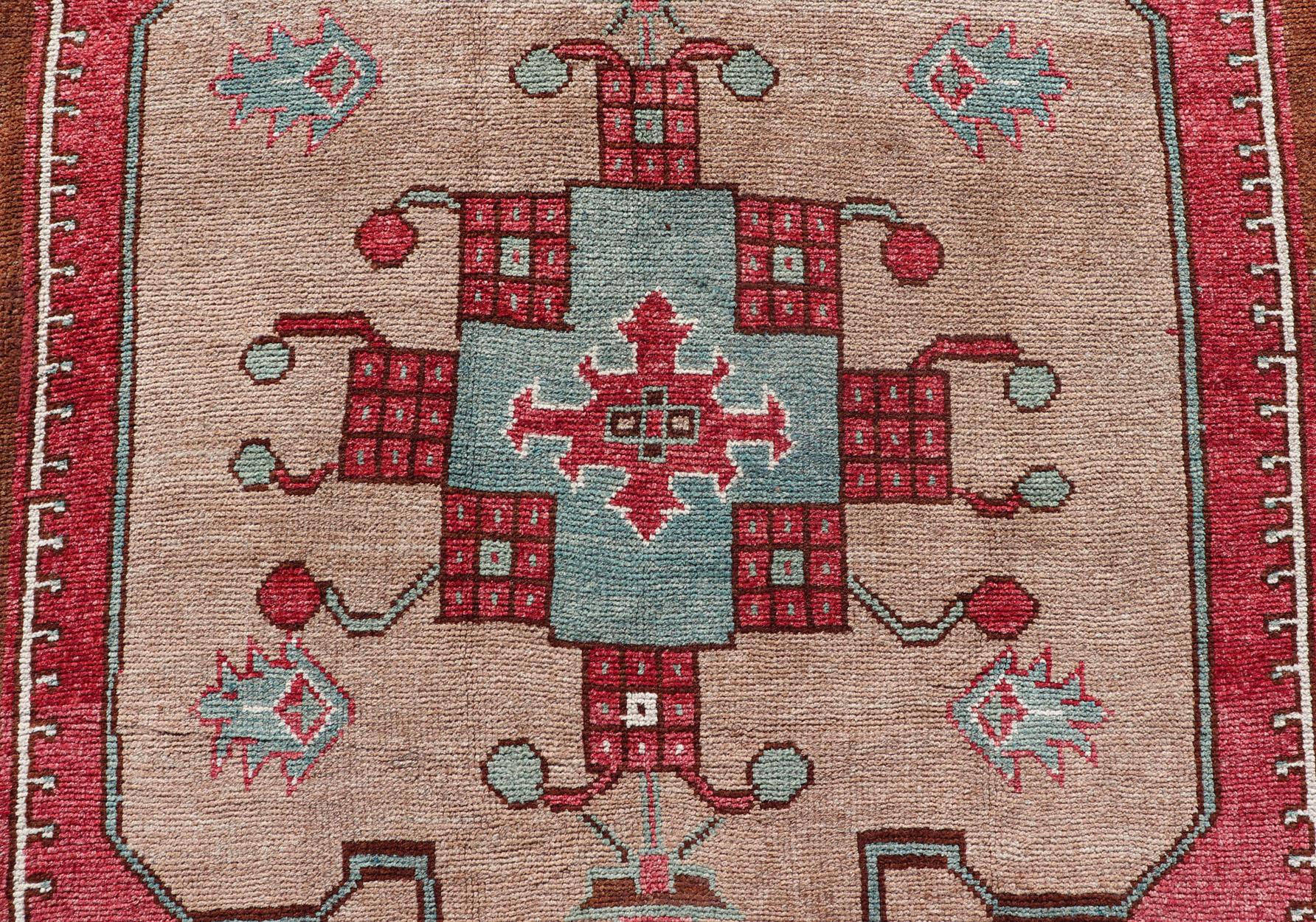 Over Sized Turkish Gallery Runner with Large Medallion in Red, Taupe and Brown For Sale 8