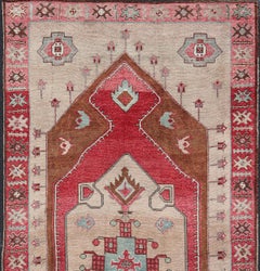 Large Vintage Turkish Oushak Rug with Warm Red, Taupe, and Soft Aqua Accents