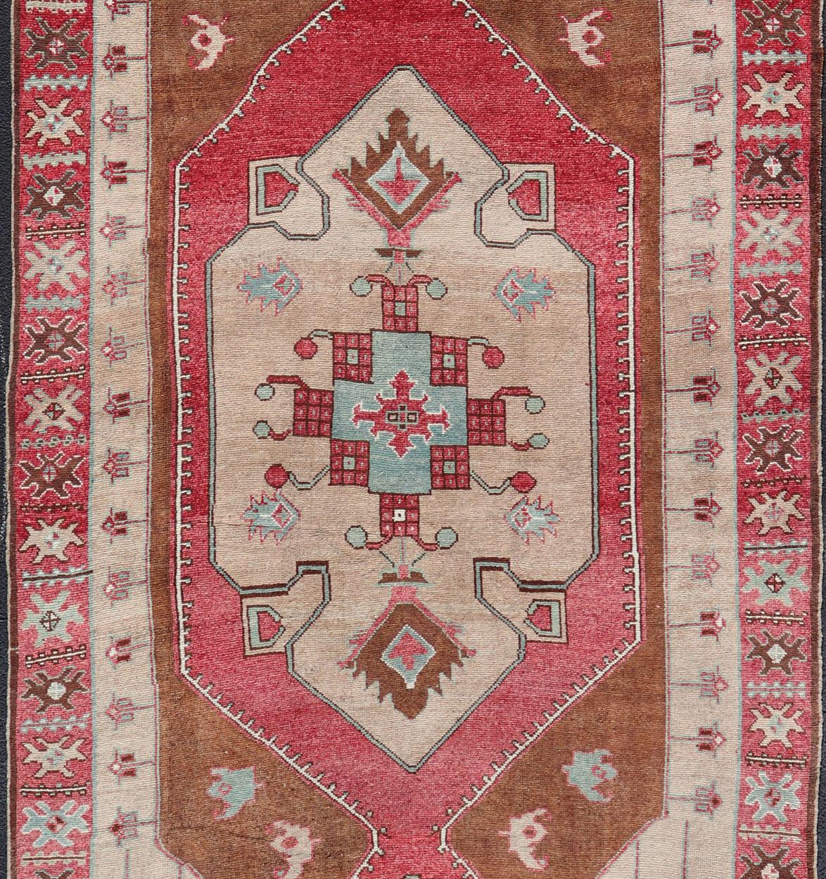 Oushak Over Sized Turkish Gallery Runner with Large Medallion in Red, Taupe and Brown For Sale