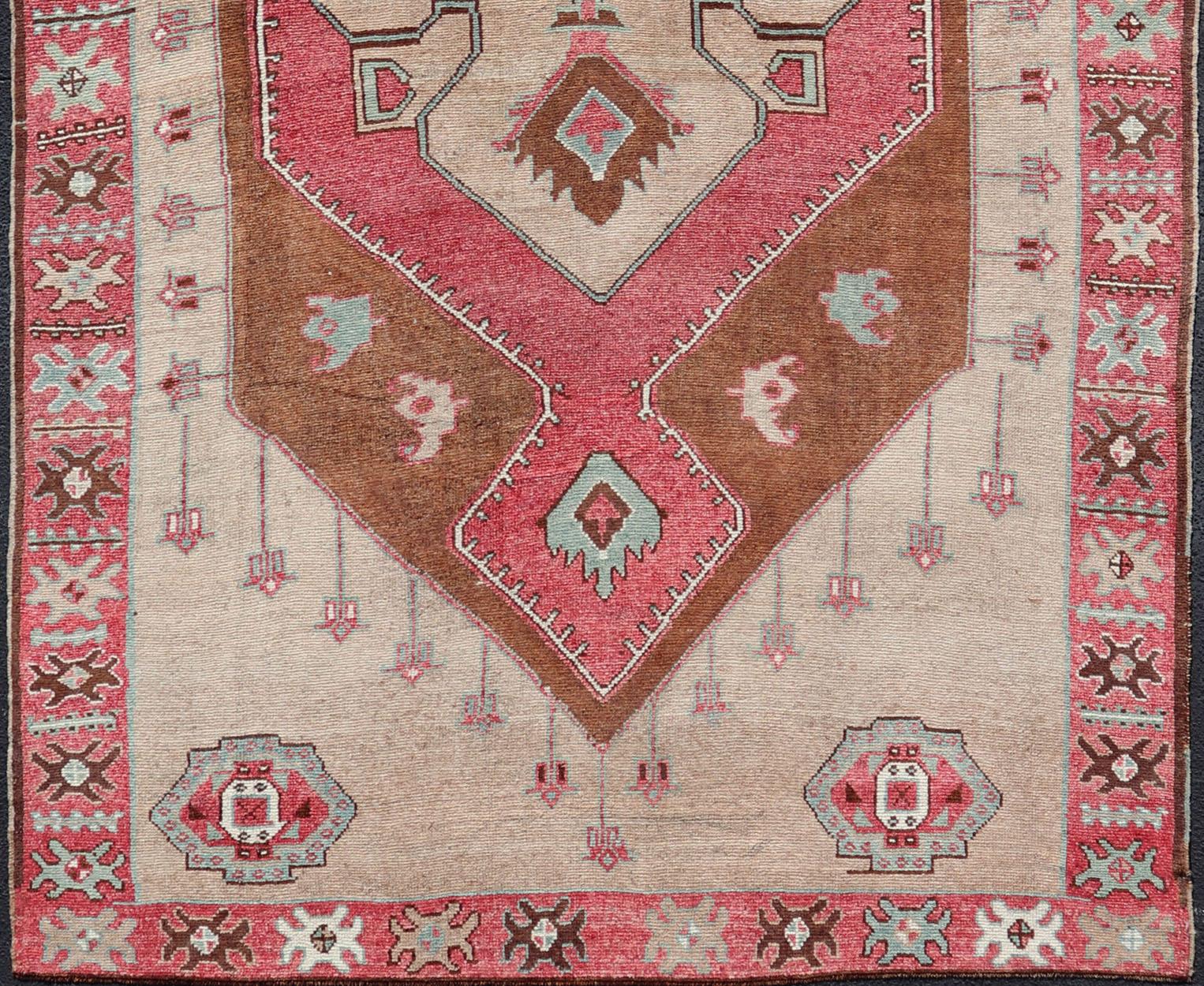 Hand-Knotted Over Sized Turkish Gallery Runner with Large Medallion in Red, Taupe and Brown For Sale