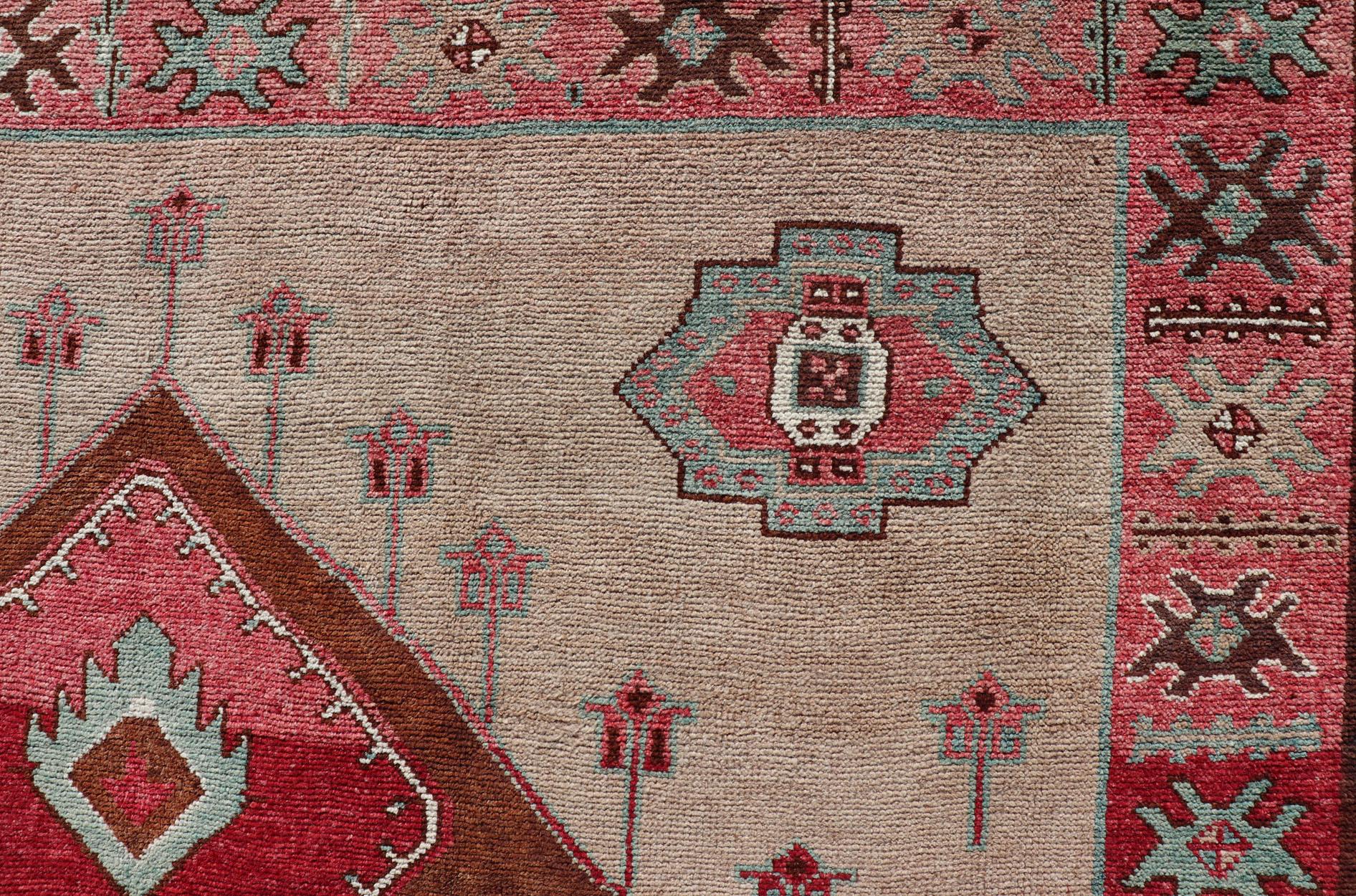 20th Century Over Sized Turkish Gallery Runner with Large Medallion in Red, Taupe and Brown For Sale