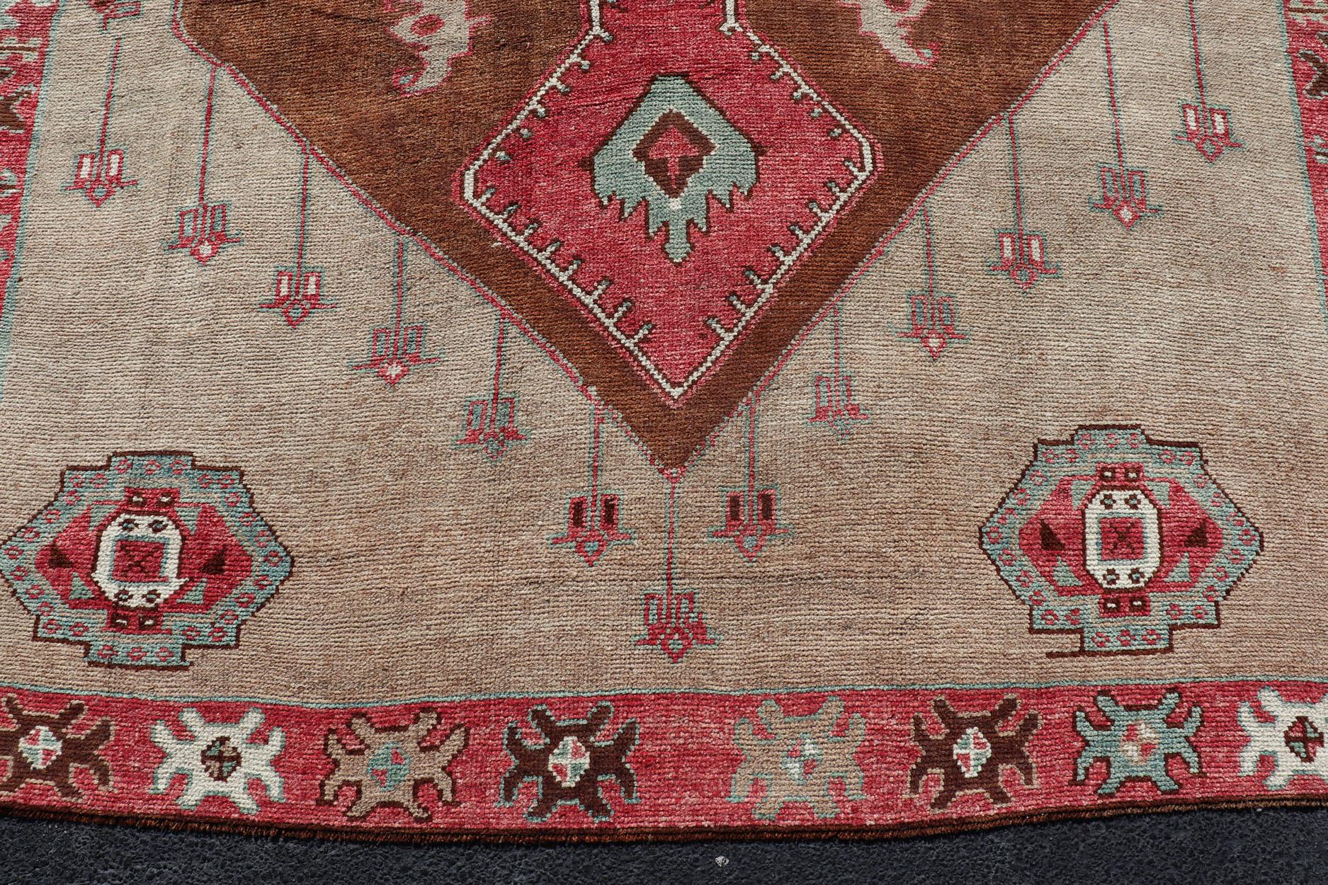 Over Sized Turkish Gallery Runner with Large Medallion in Red, Taupe and Brown For Sale 1