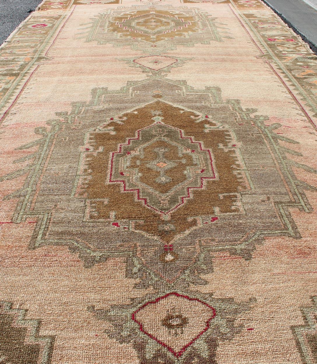 Over Sized Turkish Gallery Runner with Two Large Medallions in Salmon and Browns For Sale 3